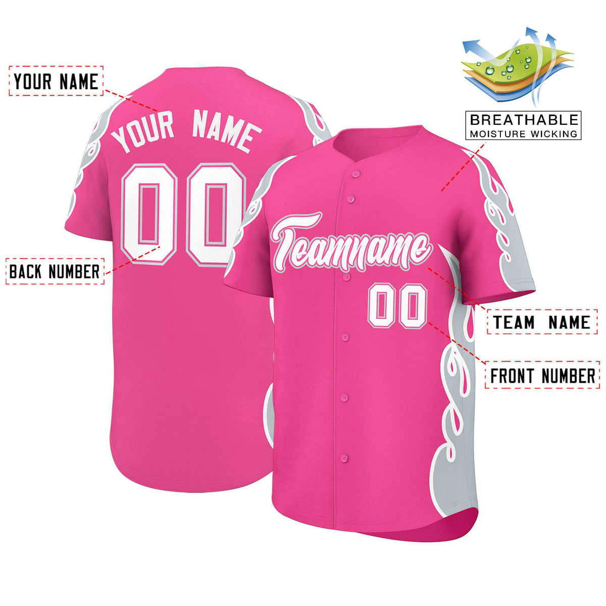 Custom Pink Silver Side Flame Outline Pattern Sports Uniform Basetball Jersey
