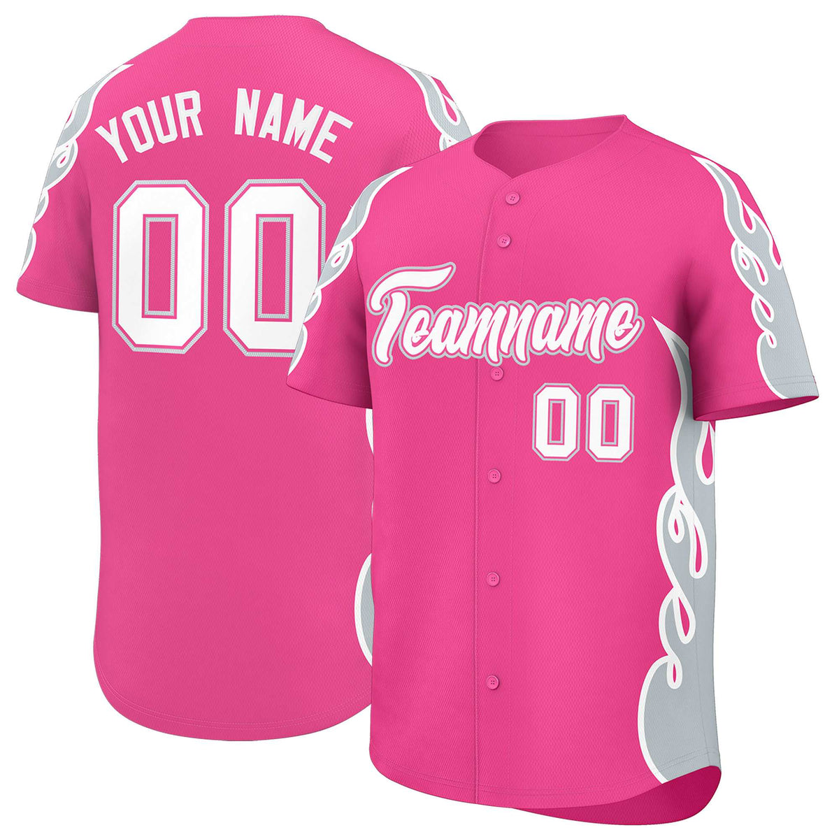 Custom Pink Silver Side Flame Outline Pattern Sports Uniform Basetball Jersey