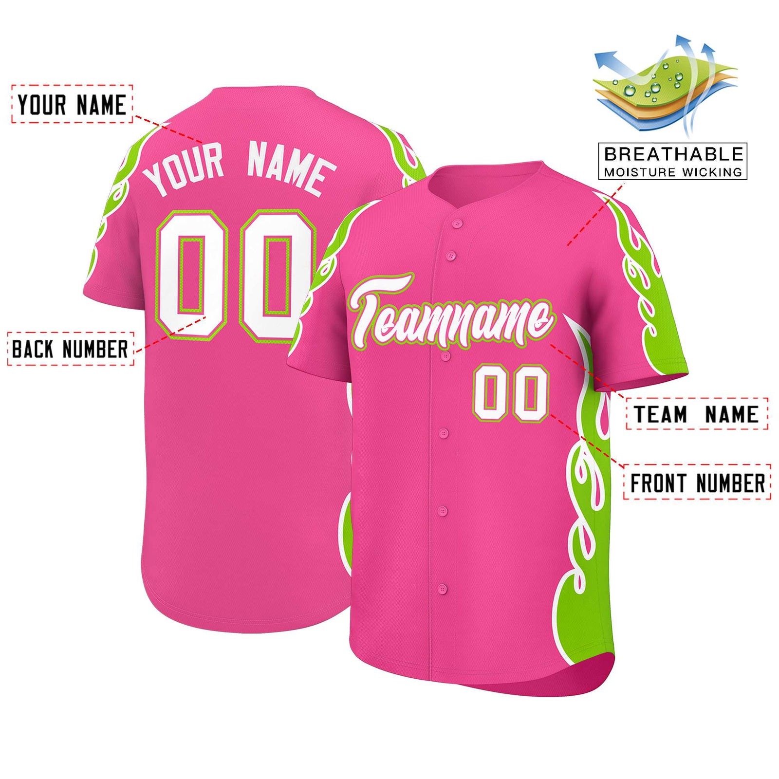 Custom Pink Neon Green Side Flame Outline Pattern Sports Uniform Basetball Jersey