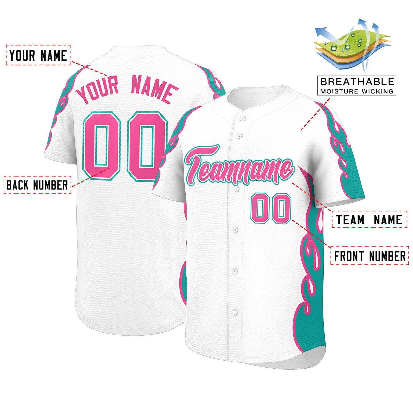 Custom White Aqua Side Flame Outline Pattern Sports Uniform Basetball Jersey