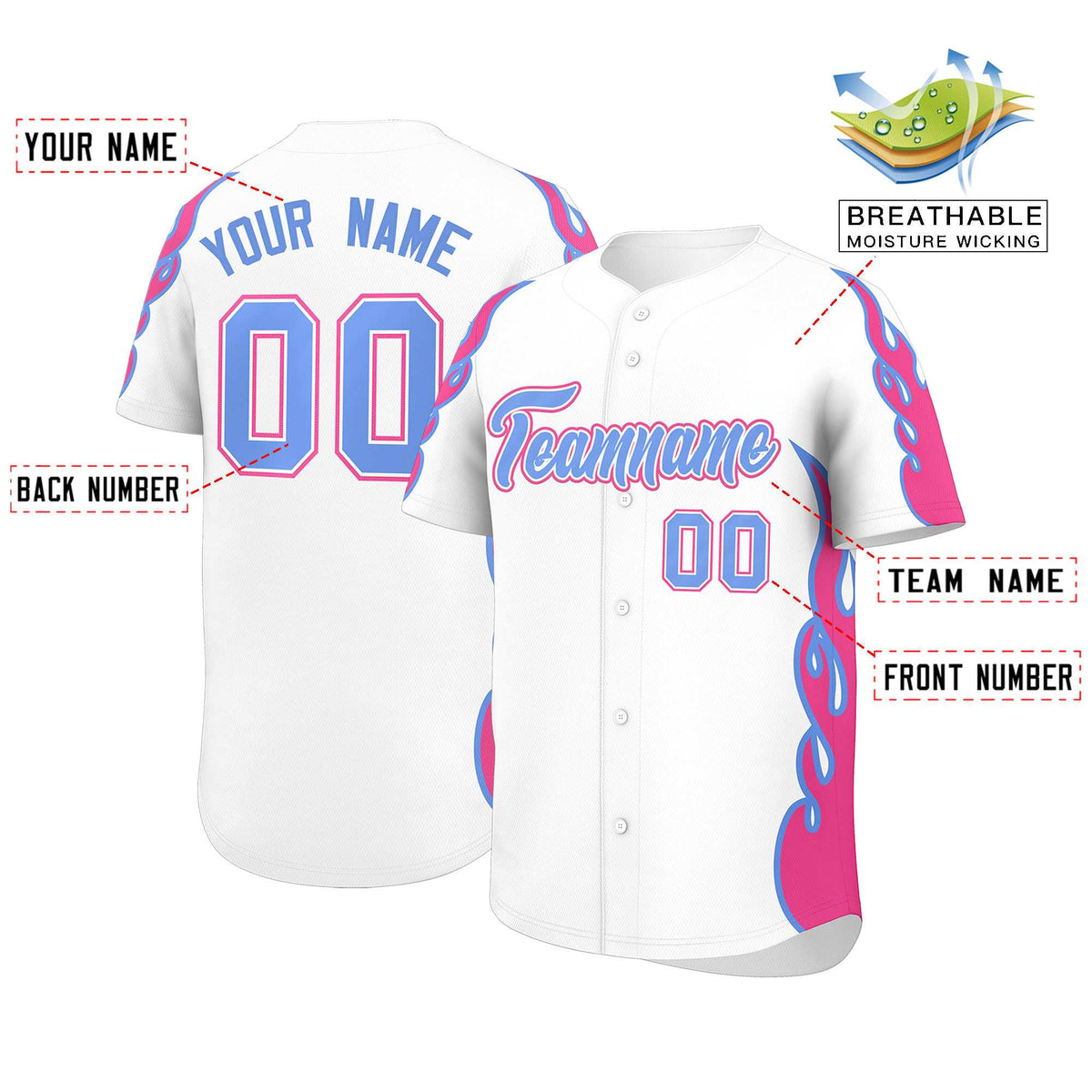 Custom White Pink Side Flame Outline Pattern Sports Uniform Basetball Jersey