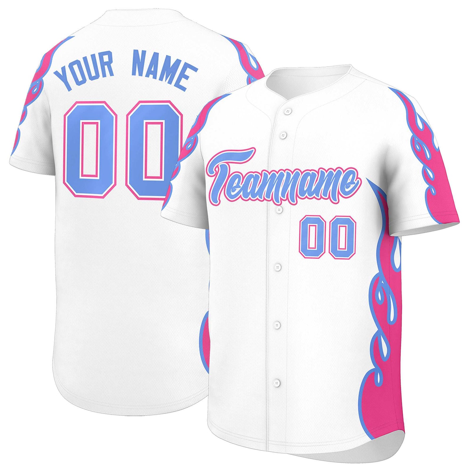 Custom White Pink Side Flame Outline Pattern Sports Uniform Basetball Jersey