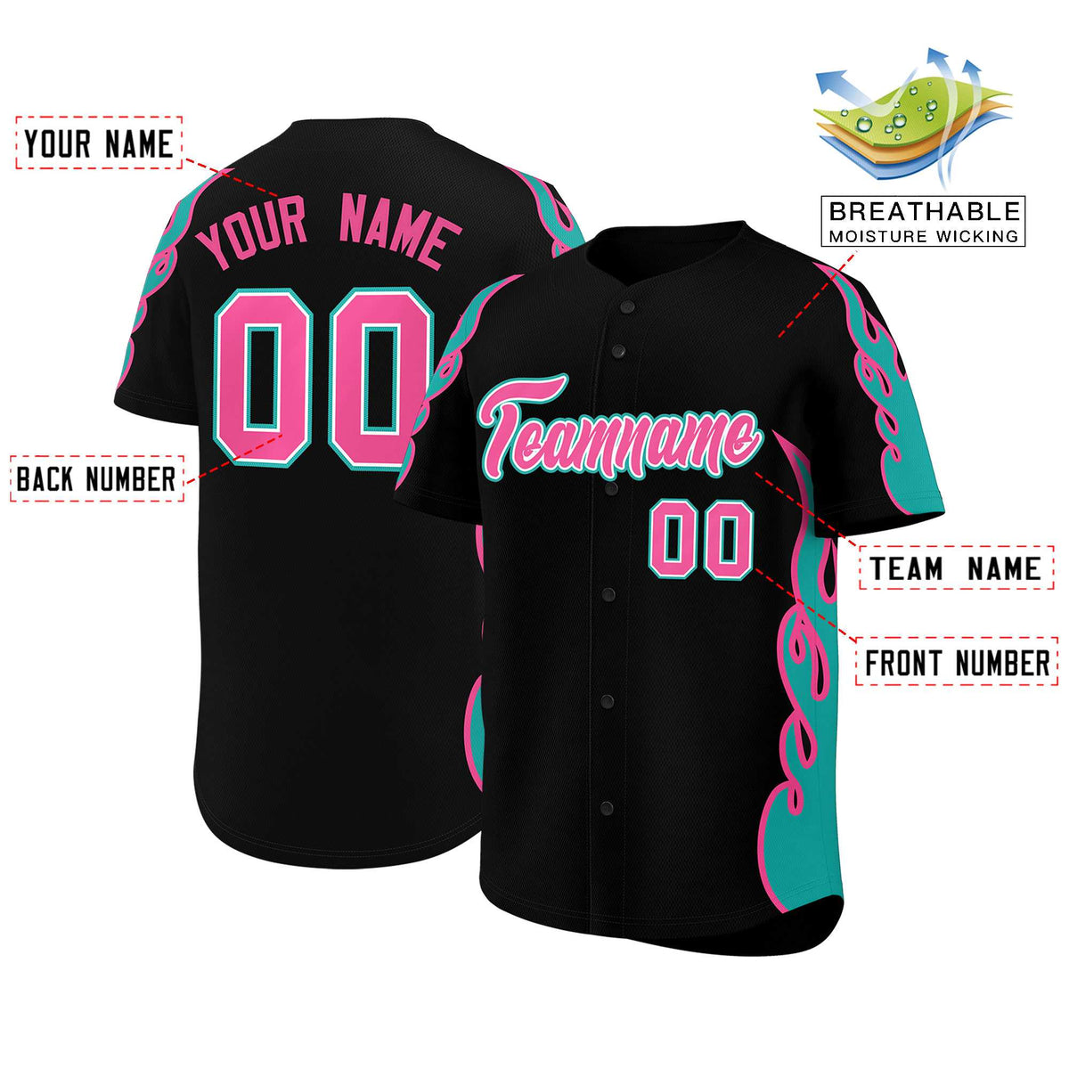 Custom Black Aqua Side Flame Outline Pattern Sports Uniform Basetball Jersey