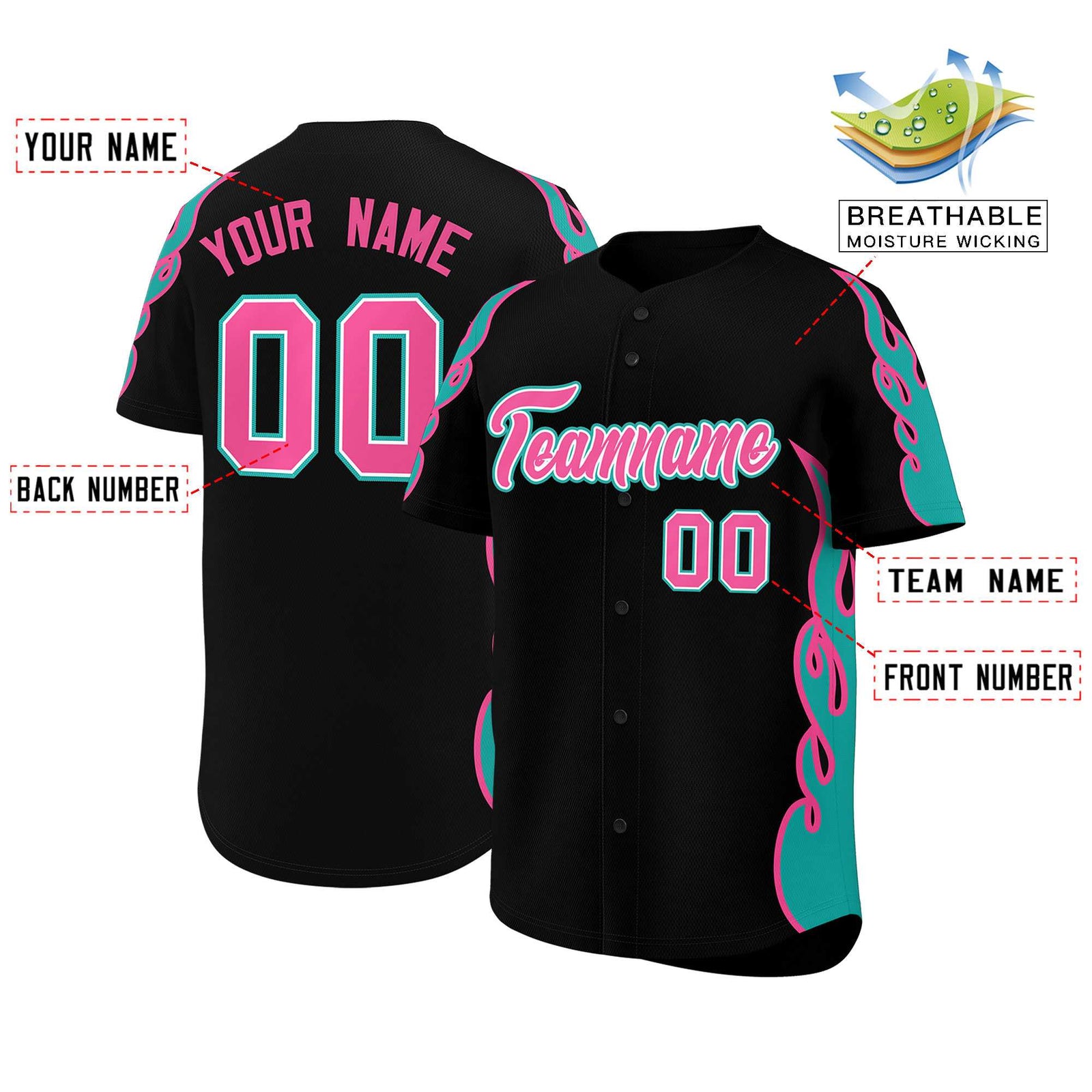 Custom Black Aqua Side Flame Outline Pattern Sports Uniform Basetball Jersey