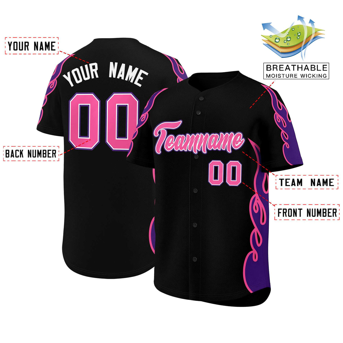 Custom Black Purple Side Flame Outline Pattern Sports Uniform Basetball Jersey