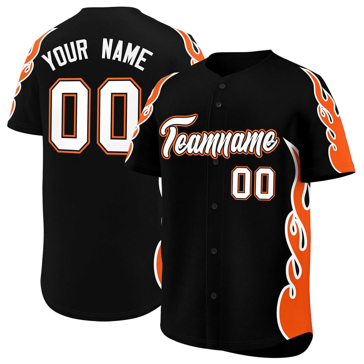 Custom Black Orange Side Flame Outline Pattern Sports Uniform Basetball Jersey