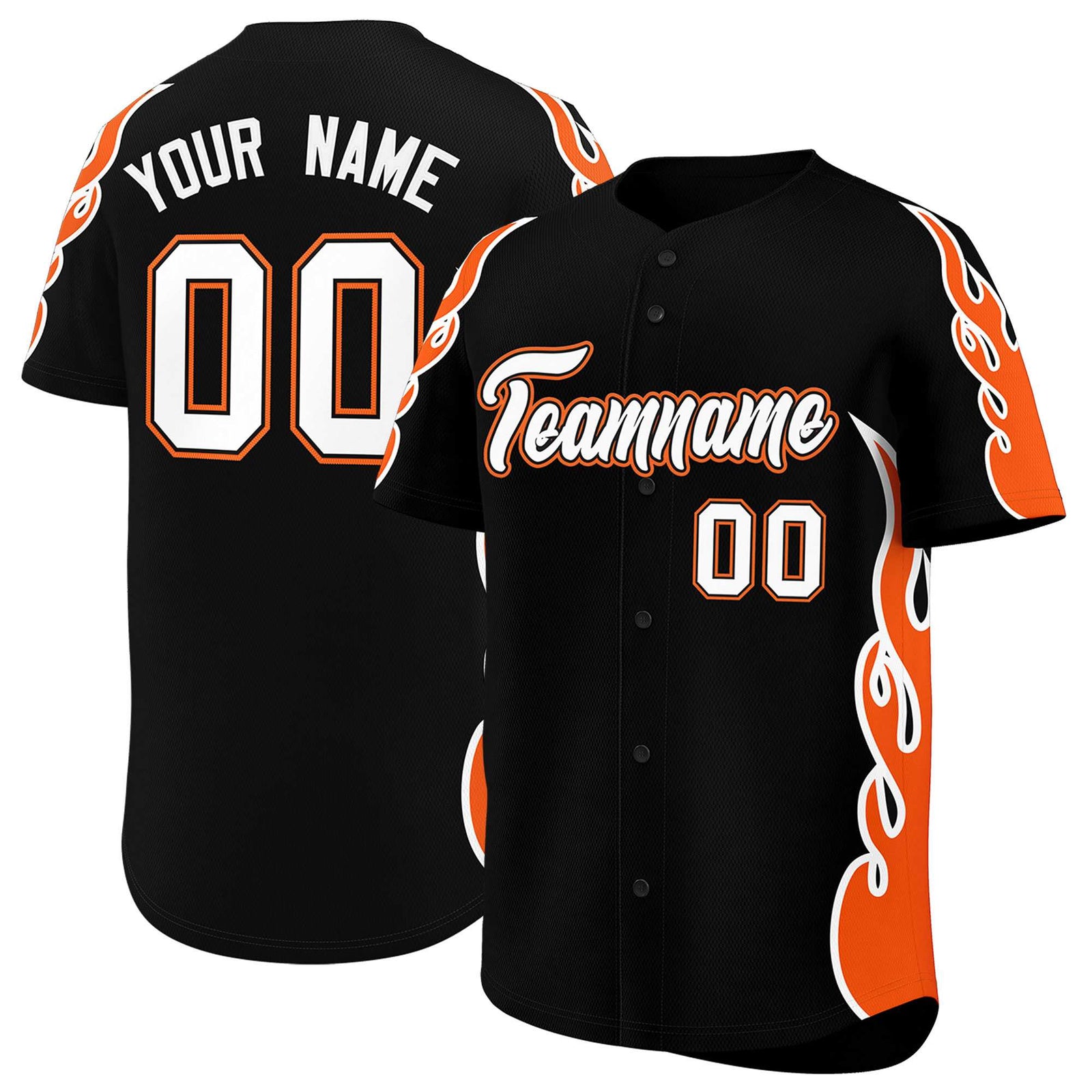 Custom Black Orange Side Flame Outline Pattern Sports Uniform Basetball Jersey