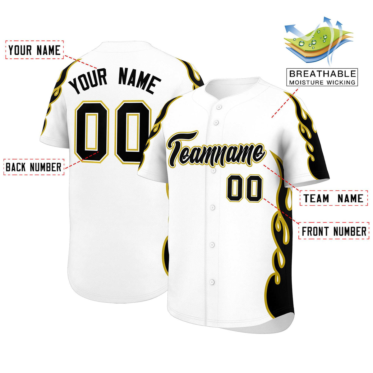 Custom White Old Gold Side Flame Outline Pattern Sports Uniform Basetball Jersey