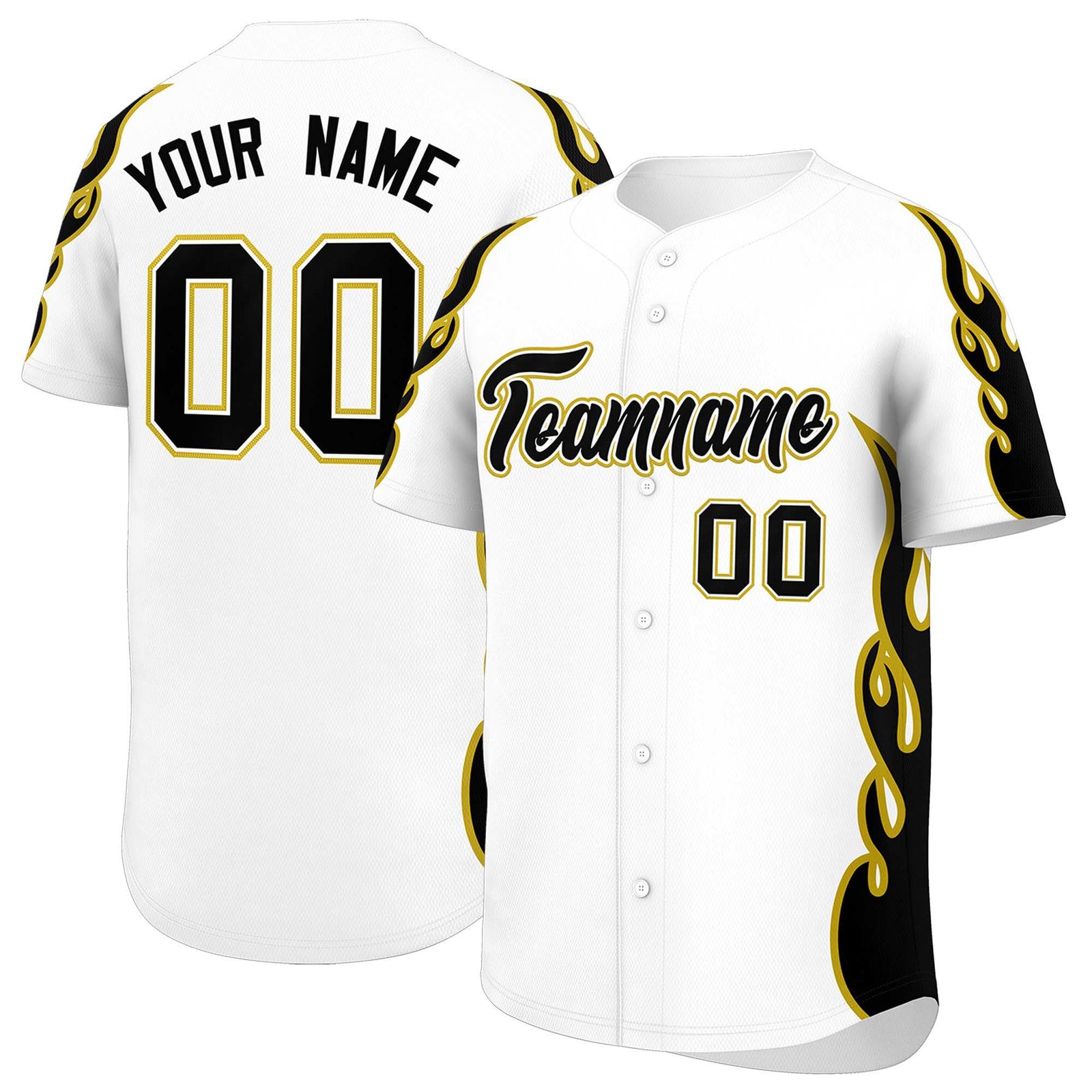 Custom White Old Gold Side Flame Outline Pattern Sports Uniform Basetball Jersey