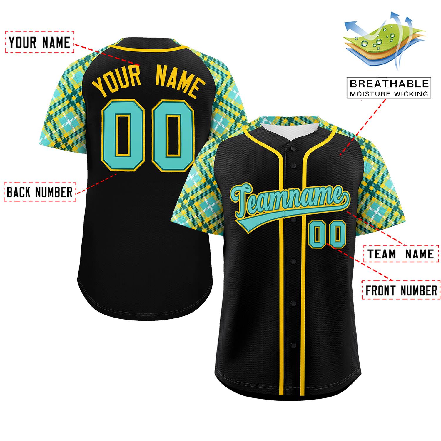 Custom Black Bright Green-Gold Personalized Raglan Sleeves Authentic Baseball Jersey