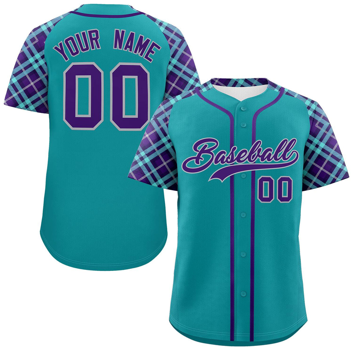 Custom Aqua Purple-Gray Personalized Raglan Sleeves Authentic Baseball Jersey