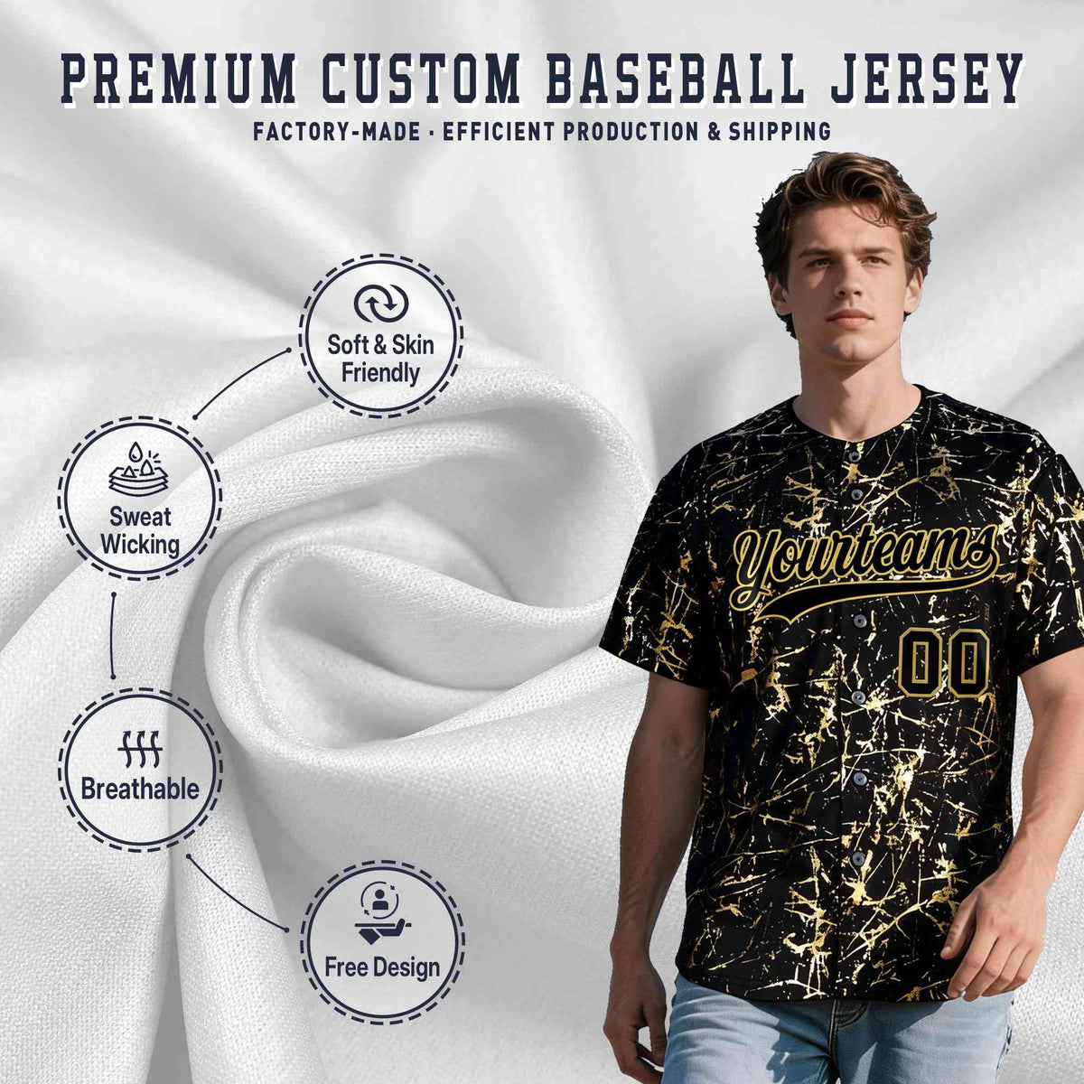 Custom Black Old Gold Black&Shiny Gold Cracked Foil Hip Hop Button Down Baseball Jersey