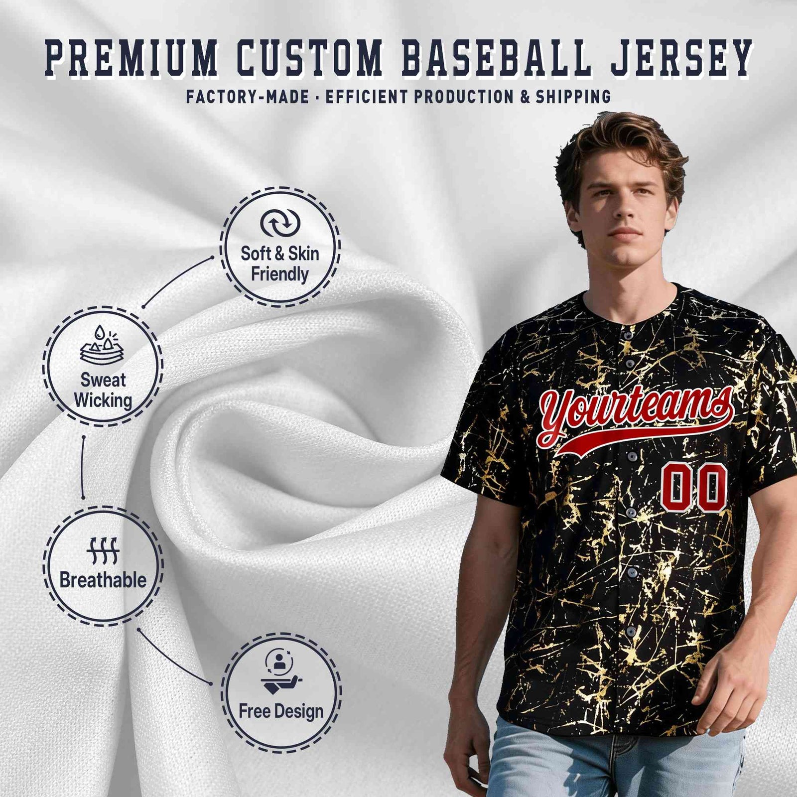 Custom Black Red Metallic Gold Splatter Breathable&Wrinkle-Resistant Baseball Jersey
