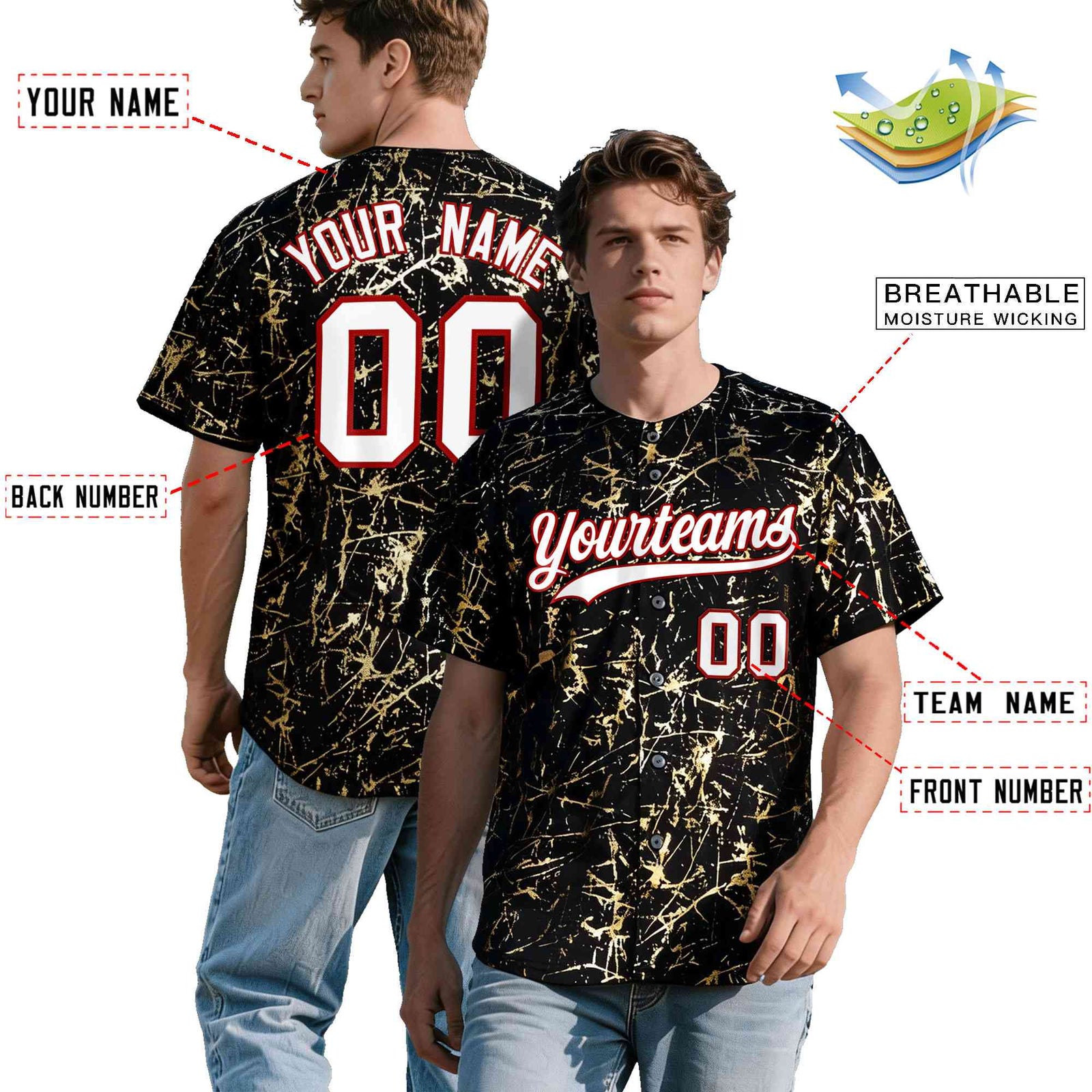 Custom Black White Black&Gold Marble Print Clubwear Party Streetwear Baseball Jersey