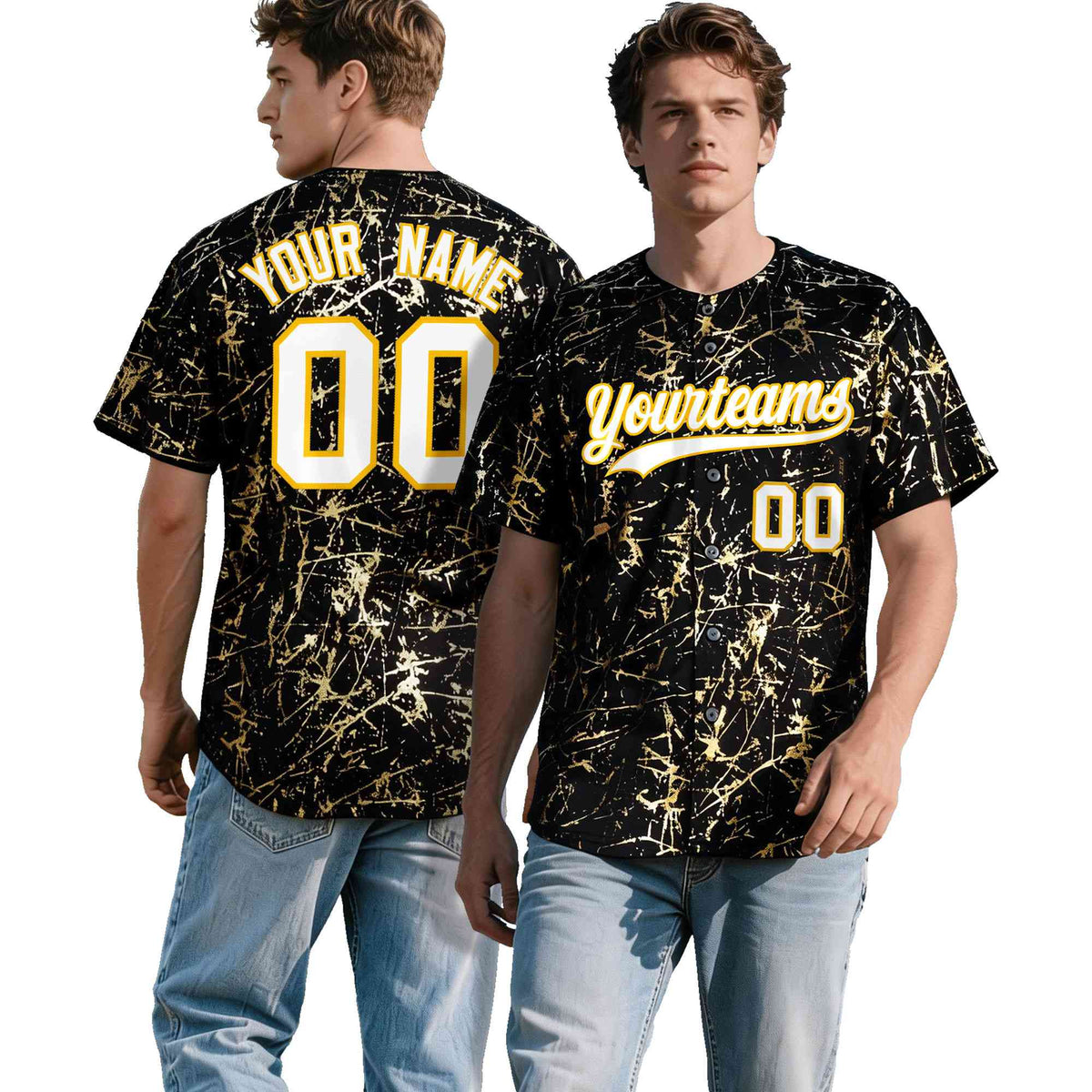 Custom Black White Black&Shiny Gold Cracked Foil Hip Hop Button Down Baseball Jersey