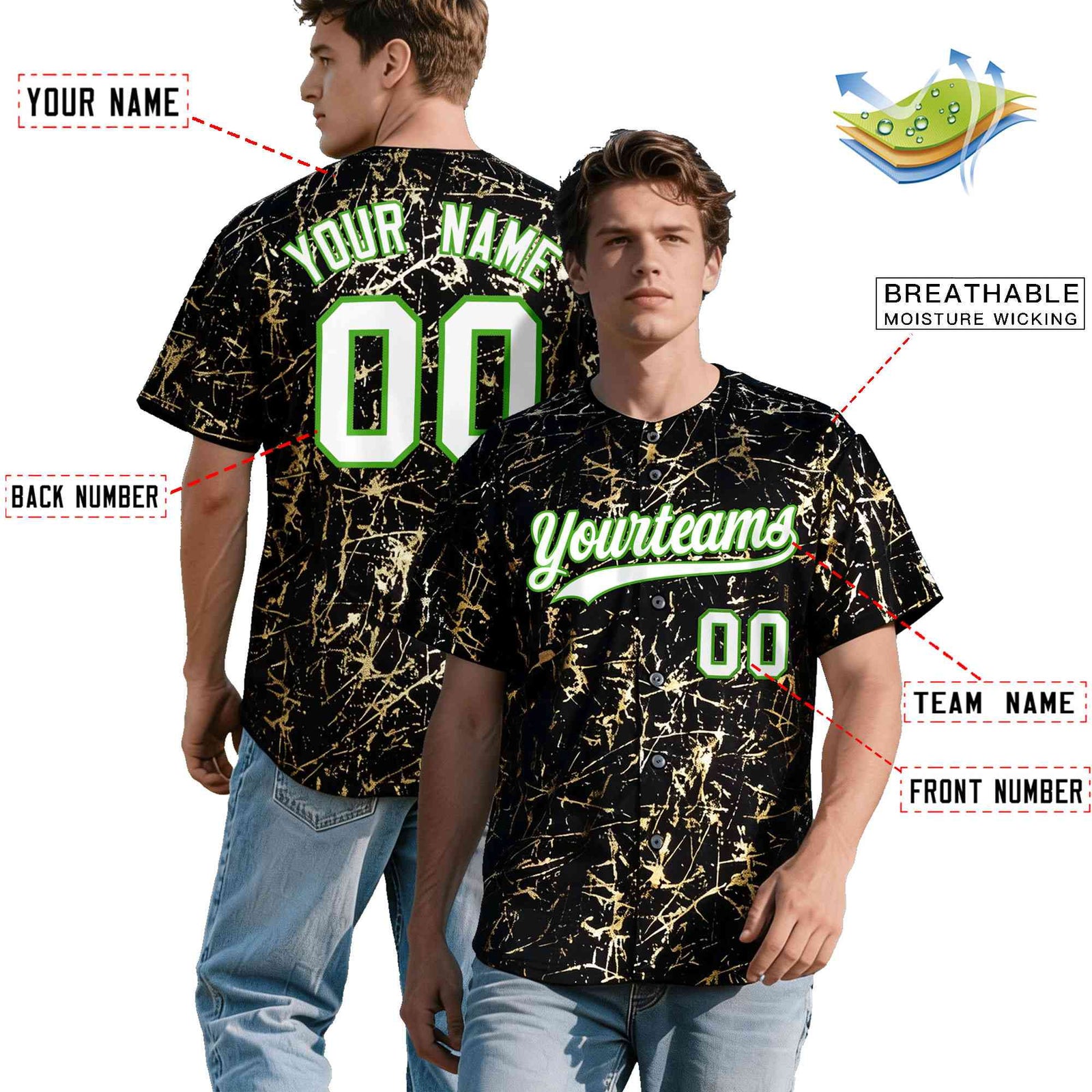 Custom Black White Black&Gold Marble Print Clubwear Party Streetwear Baseball Jersey