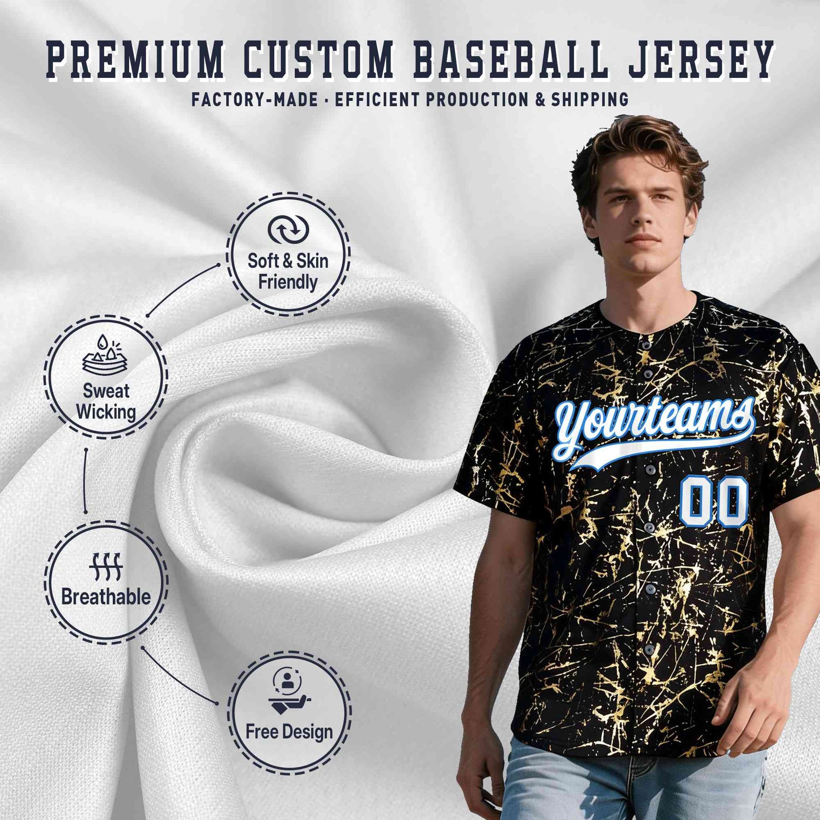 Custom Black White Black&Shiny Gold Cracked Foil Hip Hop Button Down Baseball Jersey