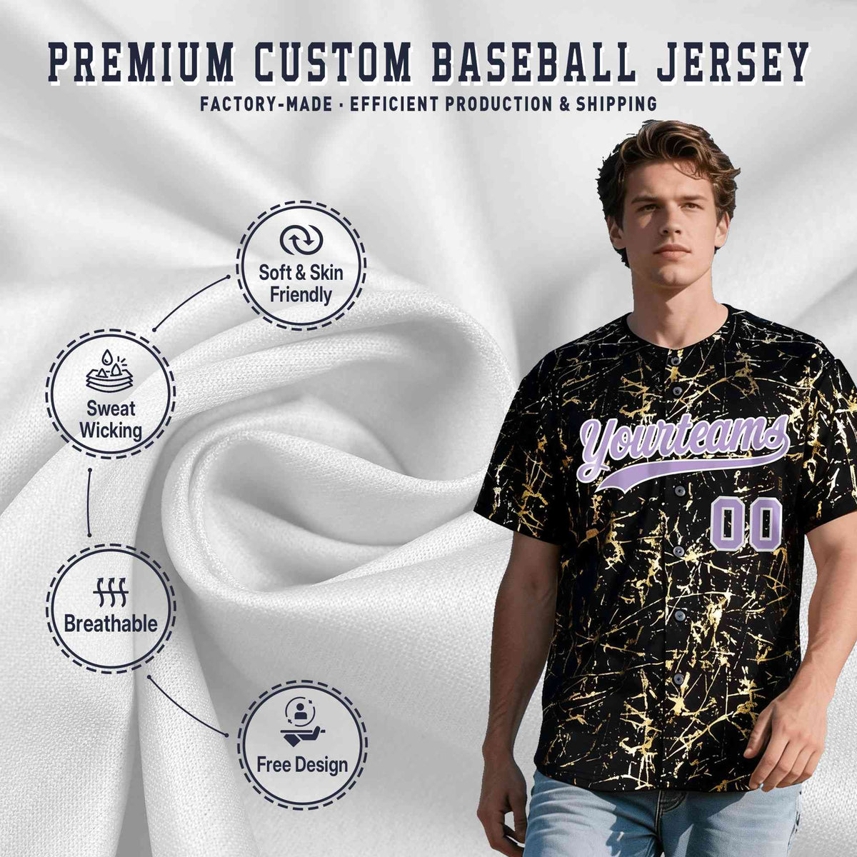 Custom Black Light Purple Metallic Gold Splatter Breathable&Wrinkle-Resistant Baseball Jersey