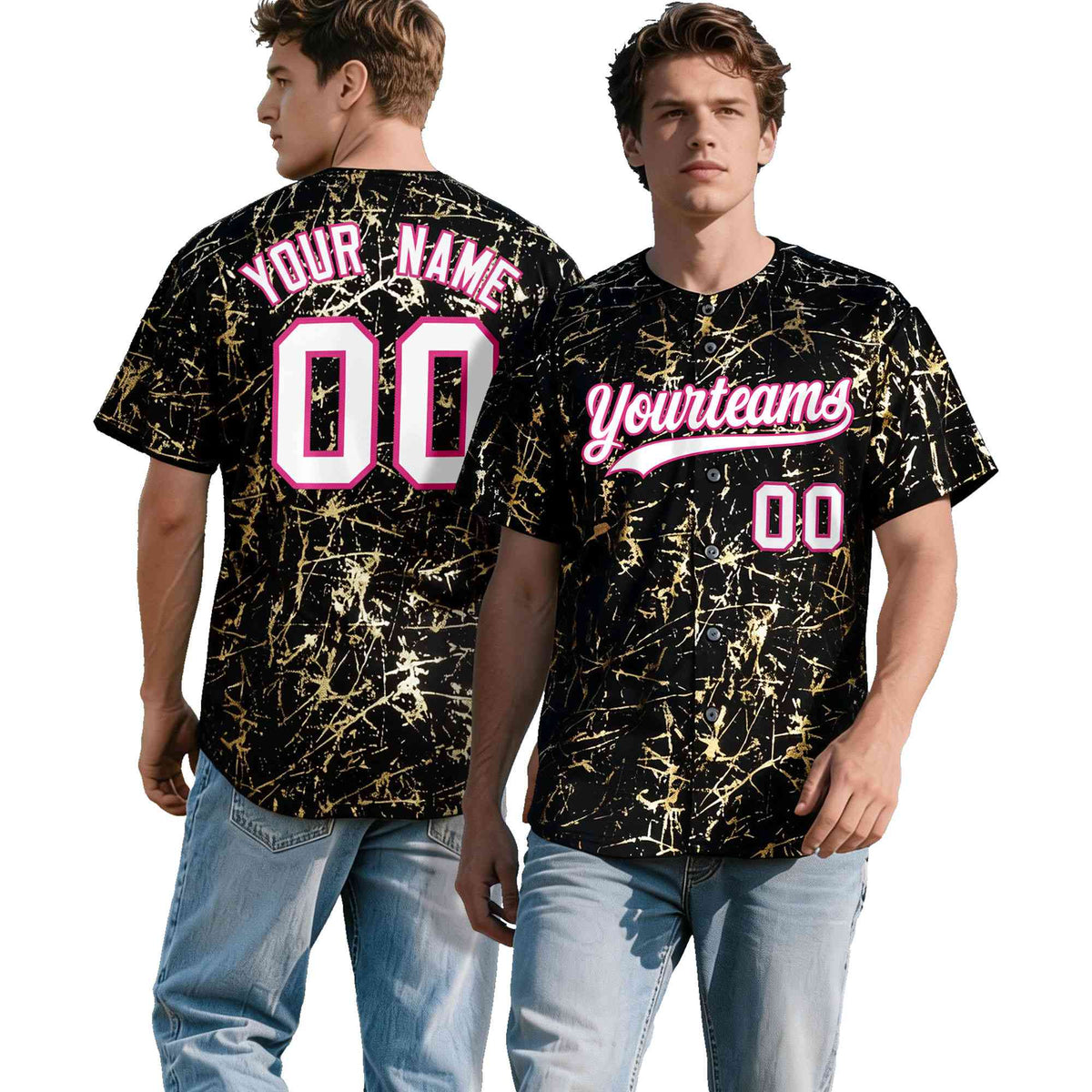 Custom Black White Black&Shiny Gold Cracked Foil Hip Hop Button Down Baseball Jersey