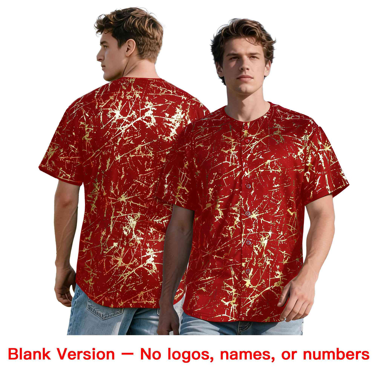 Custom Red Dark Green Metallic Gold Splatter Urban Streetwear Baseball Jersey