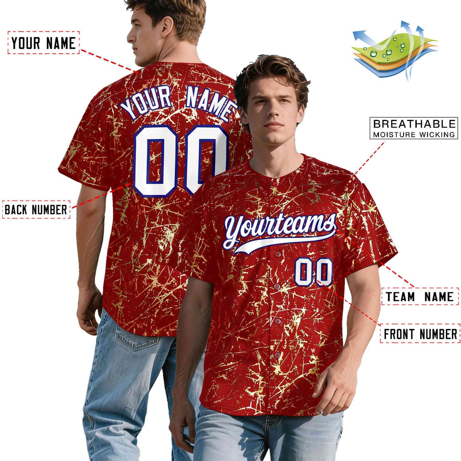 Custom Red White Black&Shiny Gold Cracked Foil Hip Hop Button Down Baseball Jersey