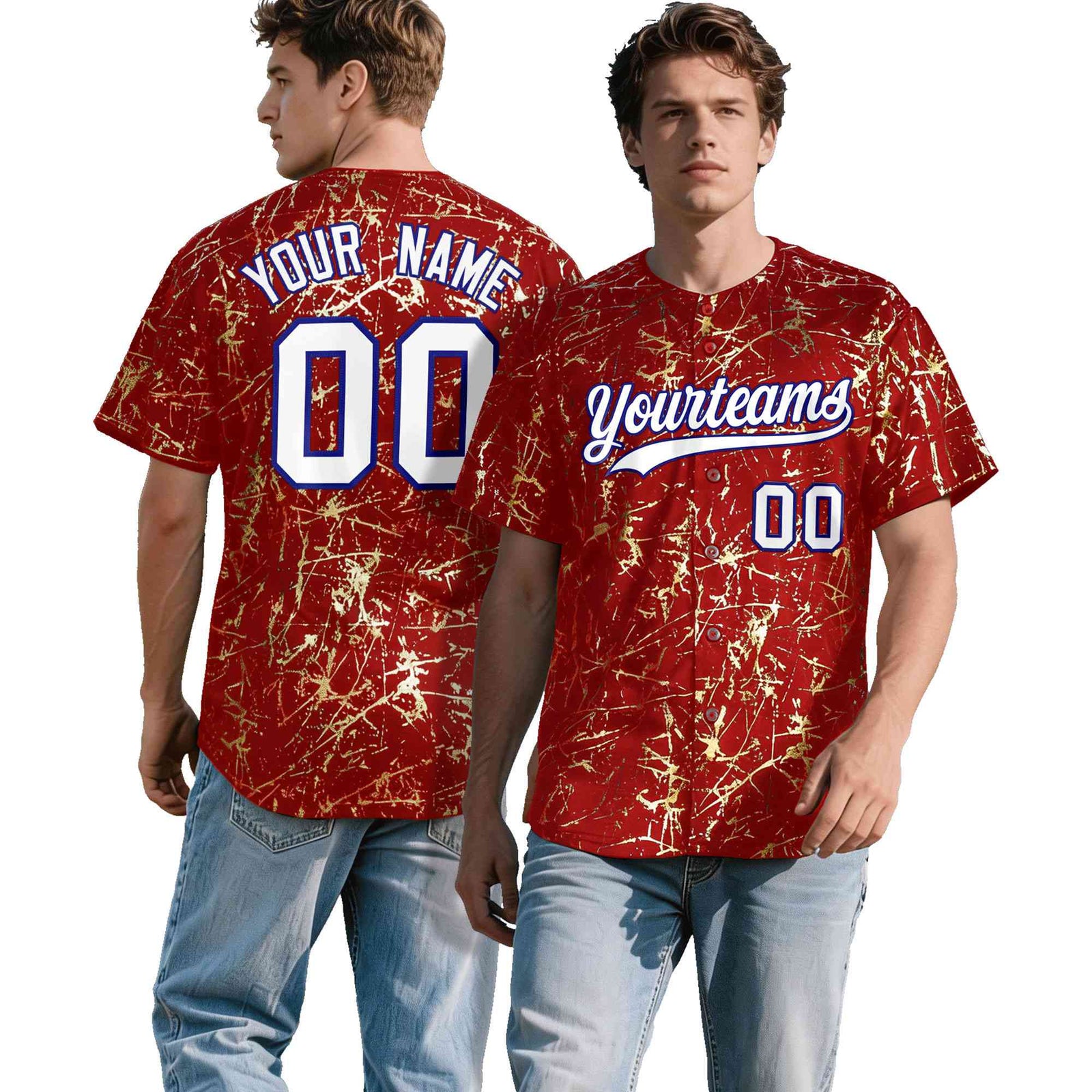 Custom Red White Black&Shiny Gold Cracked Foil Hip Hop Button Down Baseball Jersey