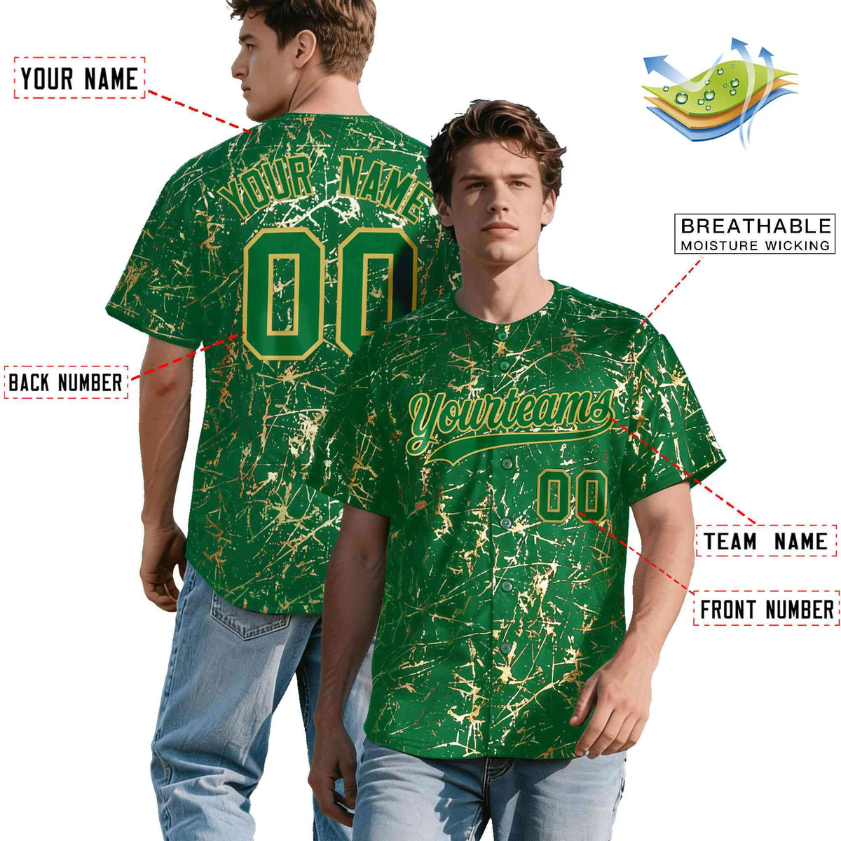 Custom Kelly Green Old Gold Shiny Gold Cracked Texture Baseball Jersey