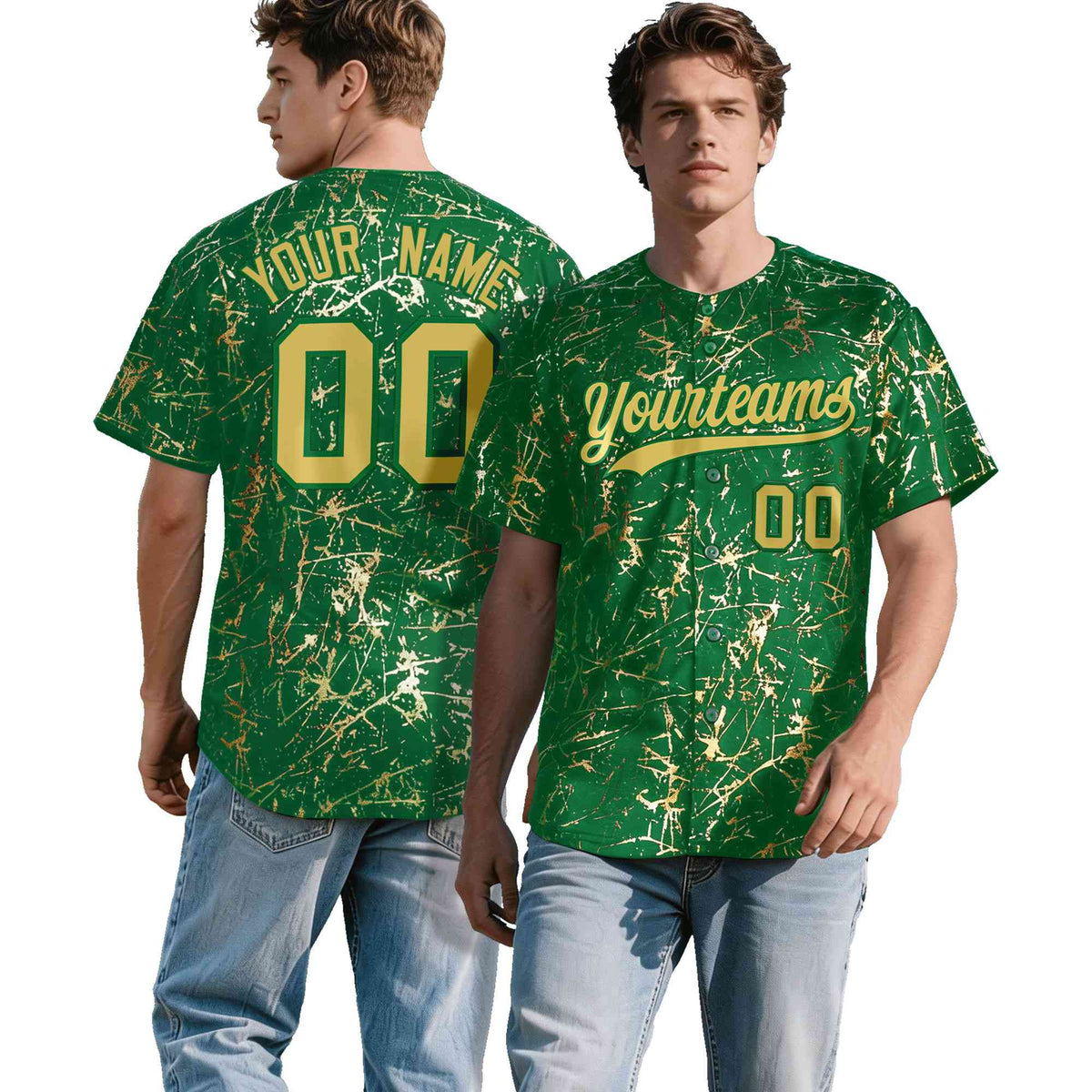 Custom Kelly Green Old Gold Black&Shiny Gold Cracked Foil Hip Hop Button Down Baseball Jersey