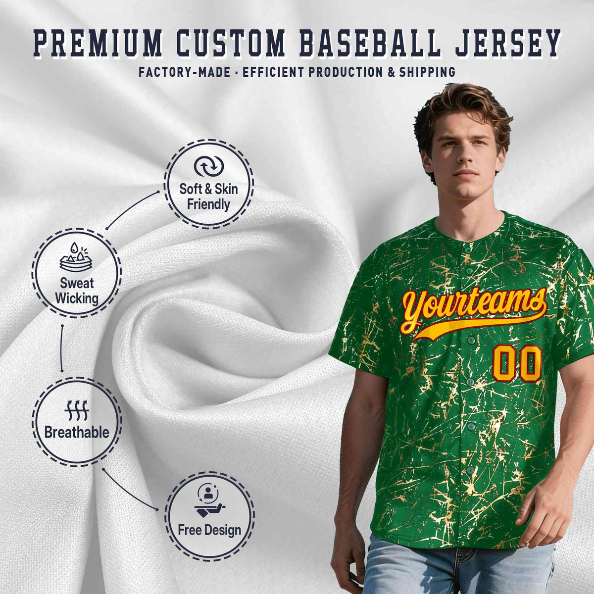 Custom Kelly Green Yellow Black&Gold Marble Print Clubwear Party Streetwear Baseball Jersey