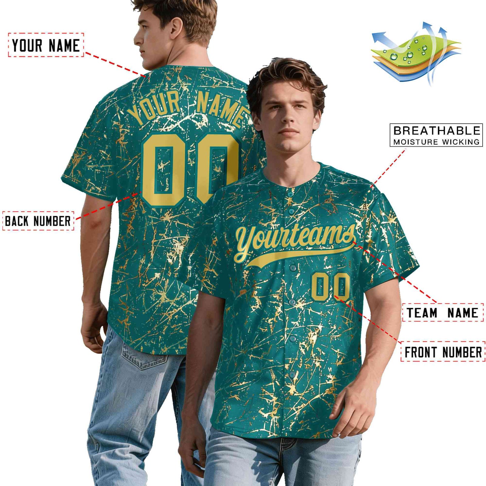 Custom Teal Old Gold Black&Shiny Gold Cracked Foil Hip Hop Button Down Baseball Jersey