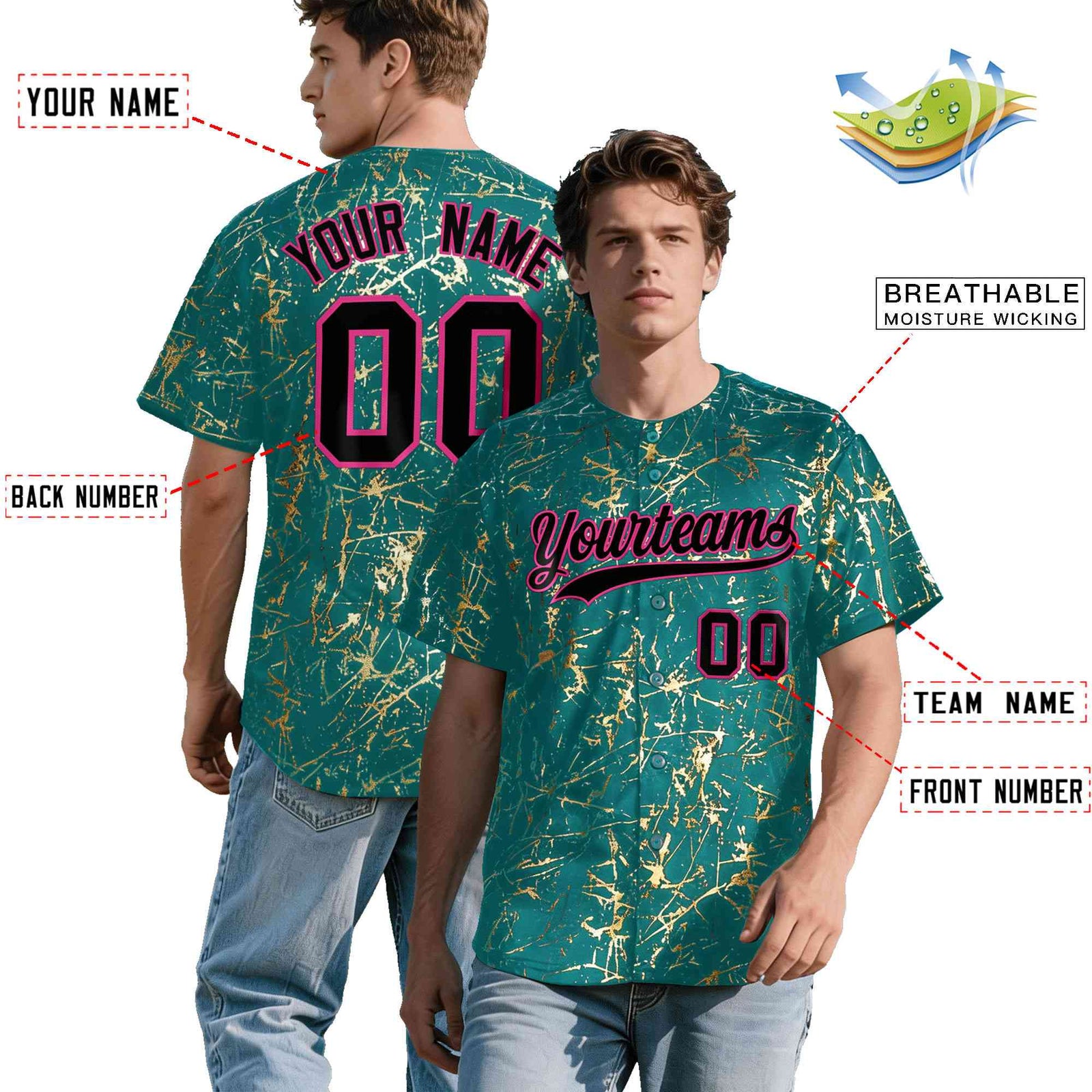 Custom Teal Black Metallic Gold Splatter Breathable&Wrinkle-Resistant Baseball Jersey