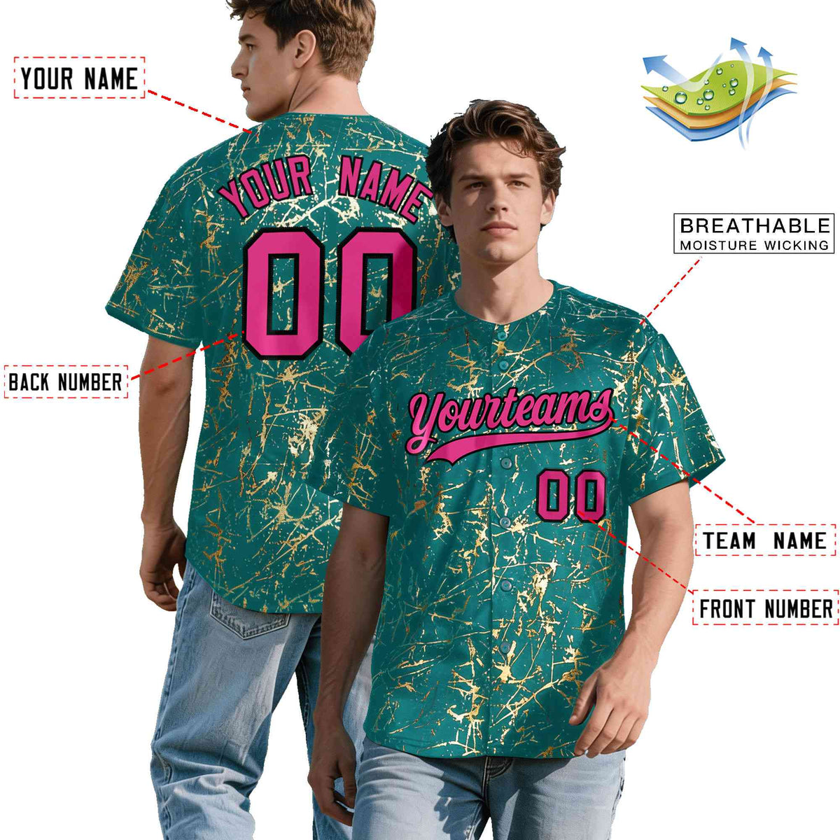 Custom Teal Rose Red Black&Gold Marble Print Clubwear Party Streetwear Baseball Jersey