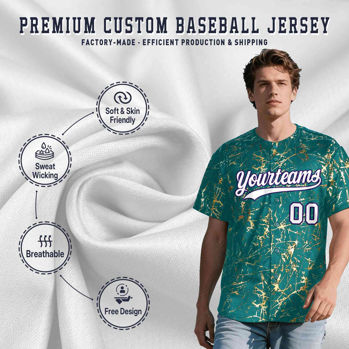 Custom Teal White Black&Shiny Gold Cracked Foil Breathable Mesh Streetwear Baseball Jersey