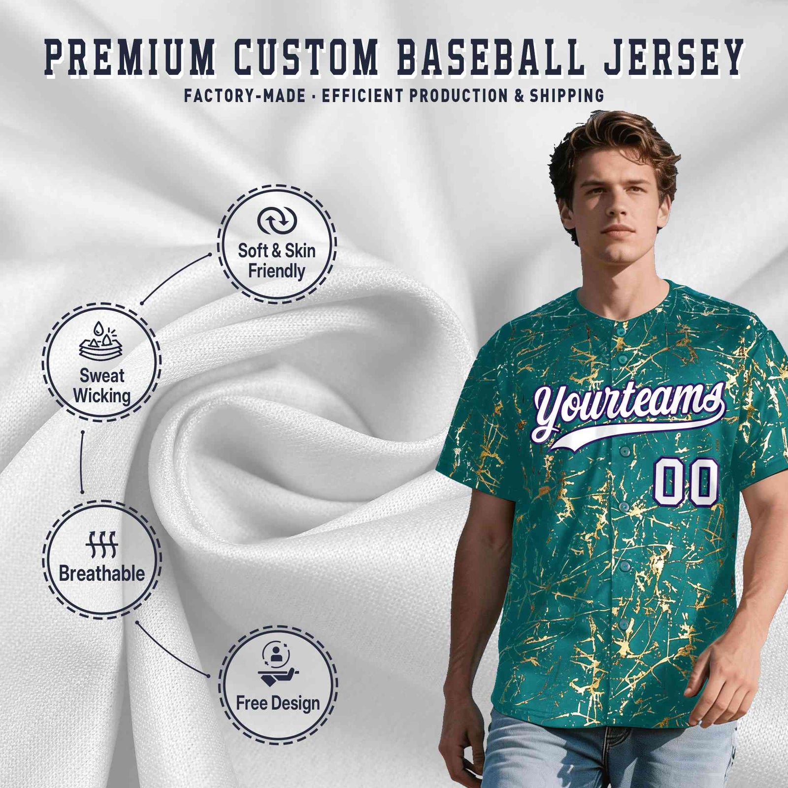 Custom Teal White Black&Shiny Gold Cracked Foil Breathable Mesh Streetwear Baseball Jersey