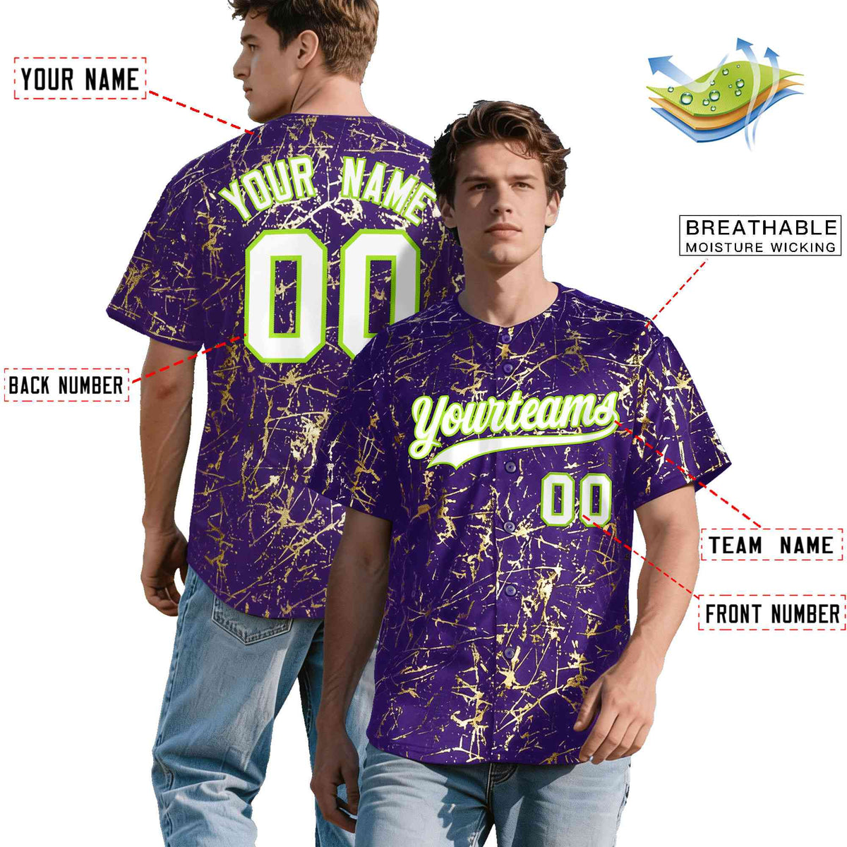 Custom Purple White Black&Shiny Gold Cracked Foil Breathable Mesh Streetwear Baseball Jersey