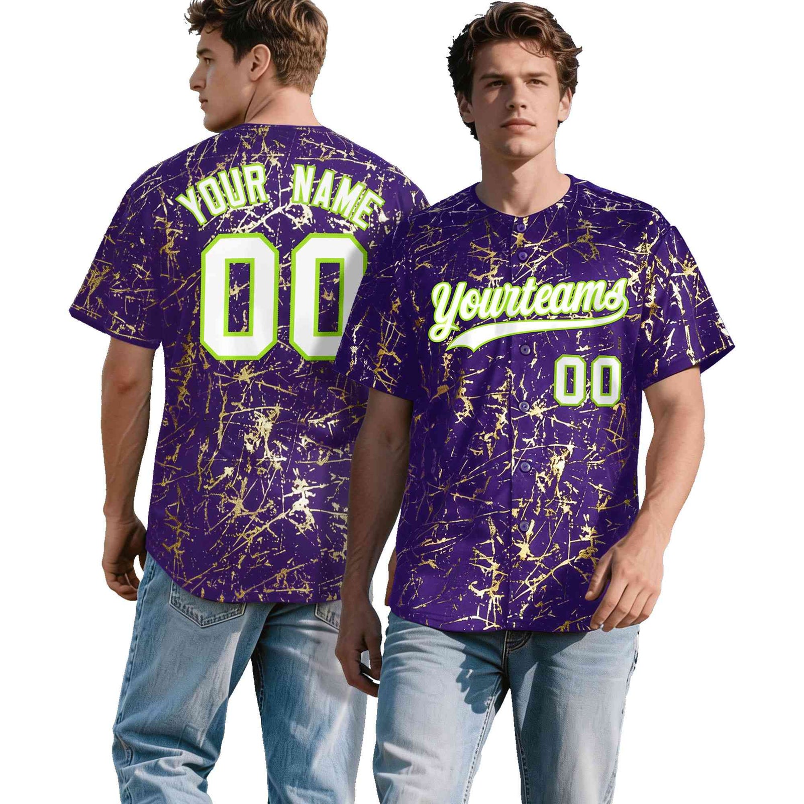 Custom Purple White Black&Shiny Gold Cracked Foil Breathable Mesh Streetwear Baseball Jersey
