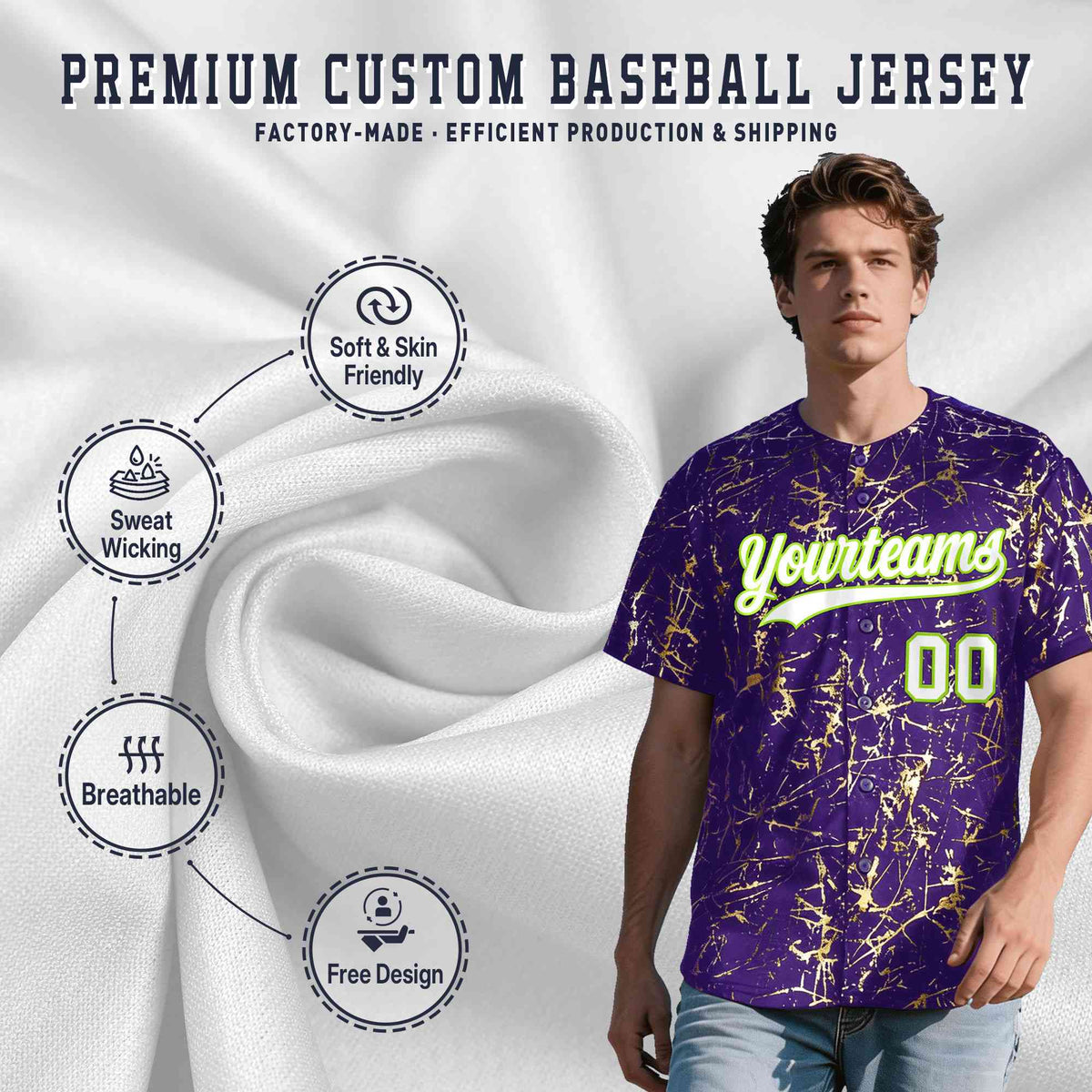 Custom Purple White Black&Shiny Gold Cracked Foil Breathable Mesh Streetwear Baseball Jersey
