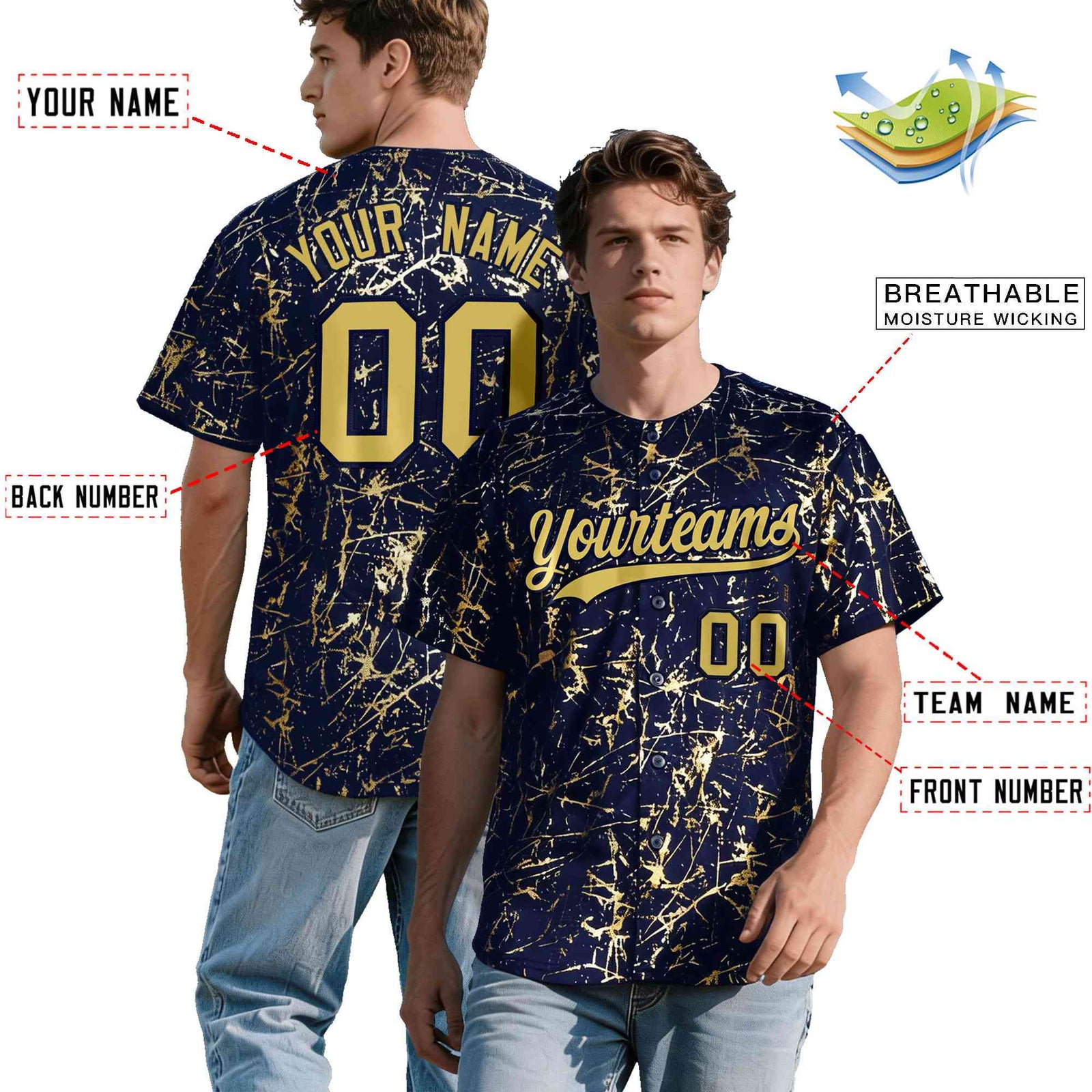 Custom Navy Old Gold Black&Shiny Gold Cracked Foil Hip Hop Button Down Baseball Jersey