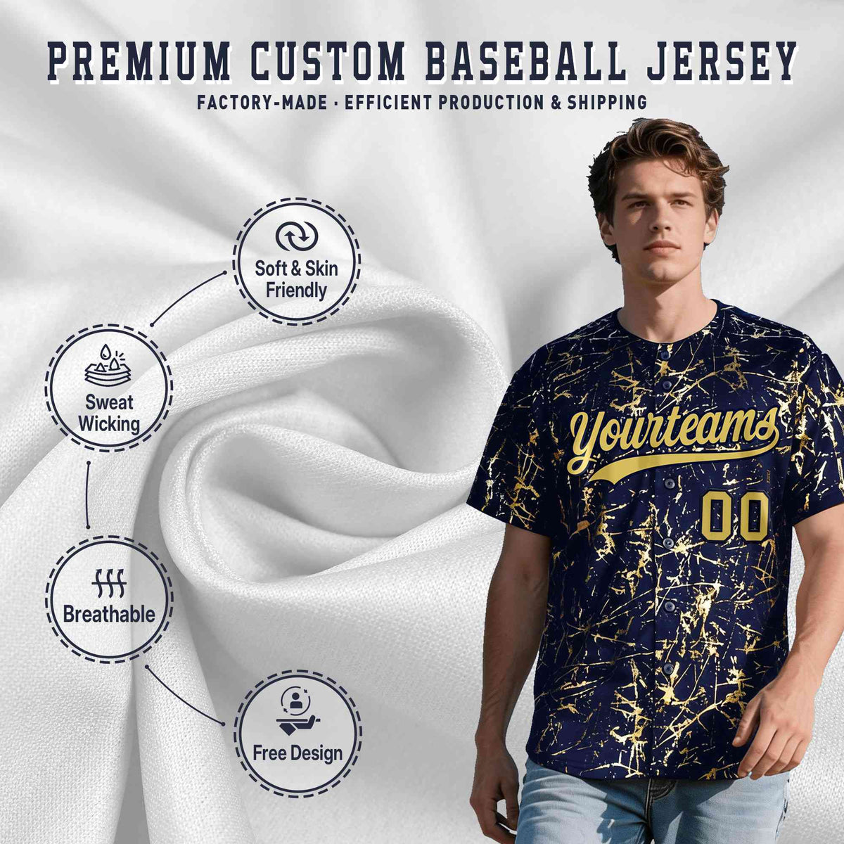 Custom Navy Old Gold Black&Shiny Gold Cracked Foil Hip Hop Button Down Baseball Jersey