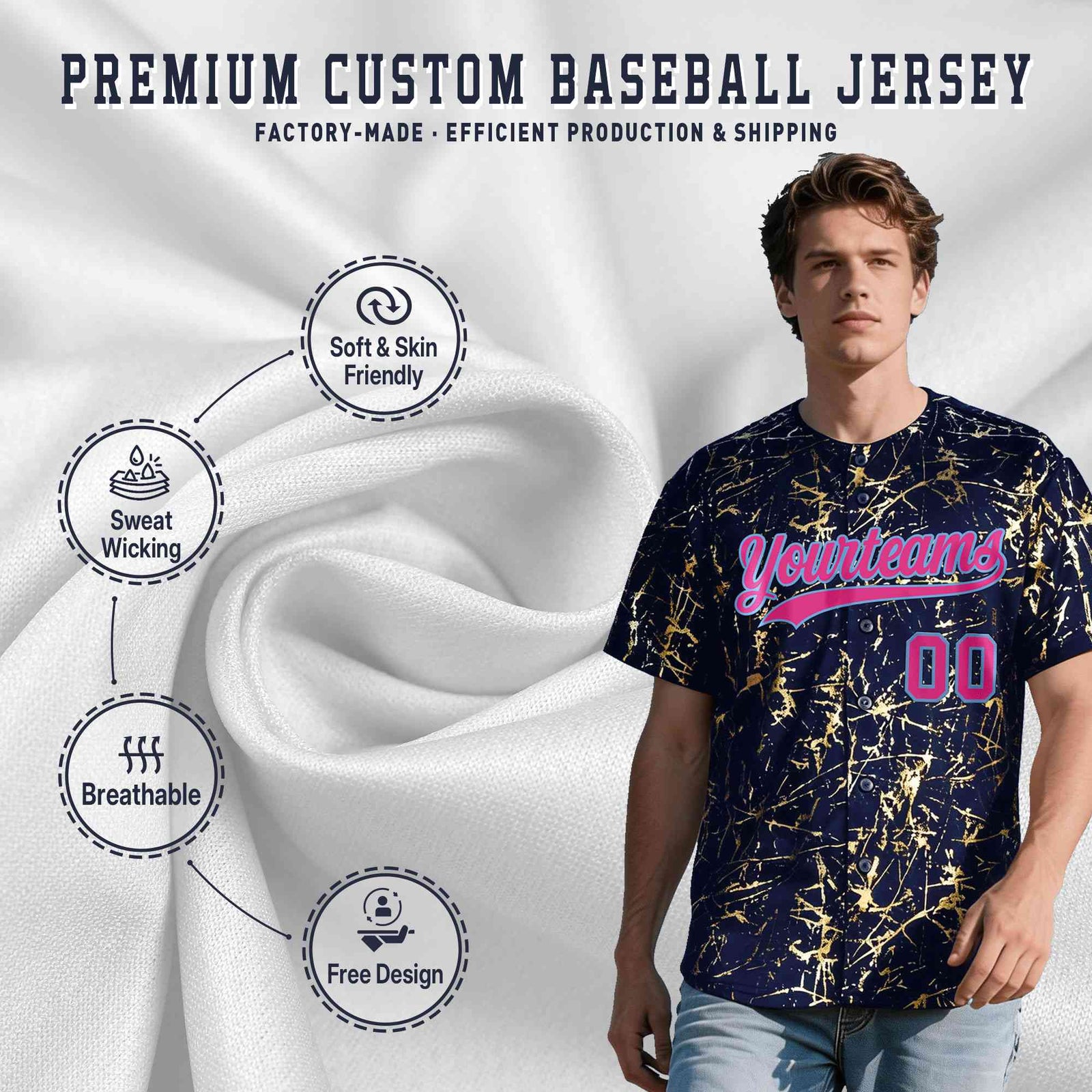 Custom Navy Rose Red Metallic Gold Splatter Breathable&Wrinkle-Resistant Baseball Jersey