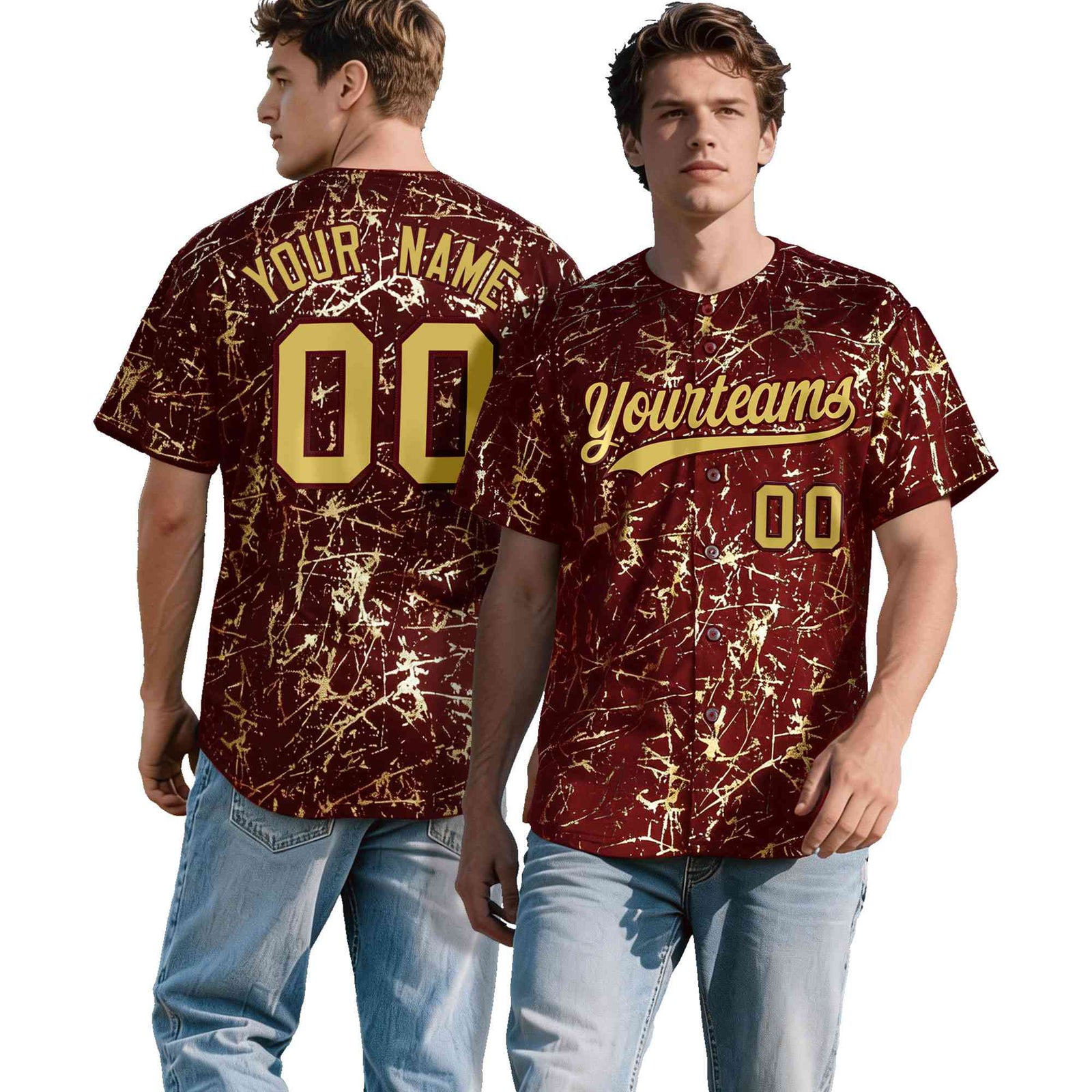Custom Crimson Old Gold Black&Shiny Gold Cracked Foil Hip Hop Button Down Baseball Jersey