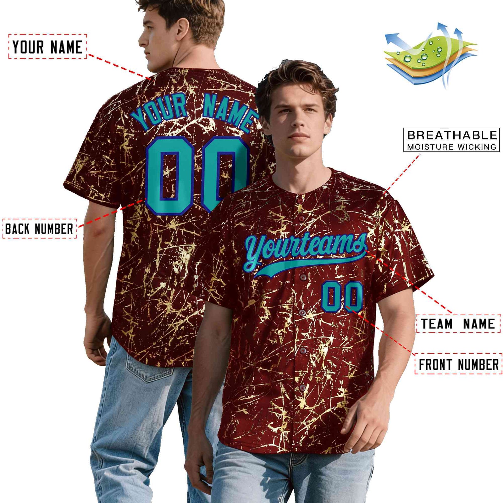 Custom Crimson Aqua Black&Gold Marble Print Clubwear Party Streetwear Baseball Jersey