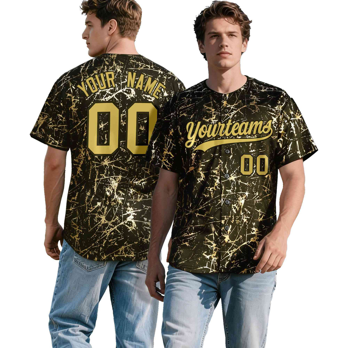 Custom Olive Old Gold Black&Shiny Gold Cracked Foil Hip Hop Button Down Baseball Jersey