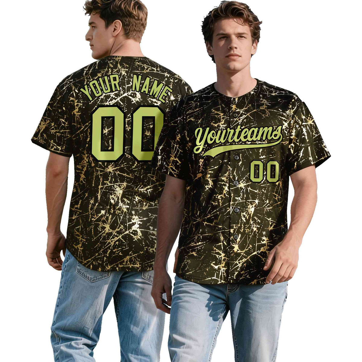 Custom Olive Champagne Black&Gold Marble Print Clubwear Party Streetwear Baseball Jersey