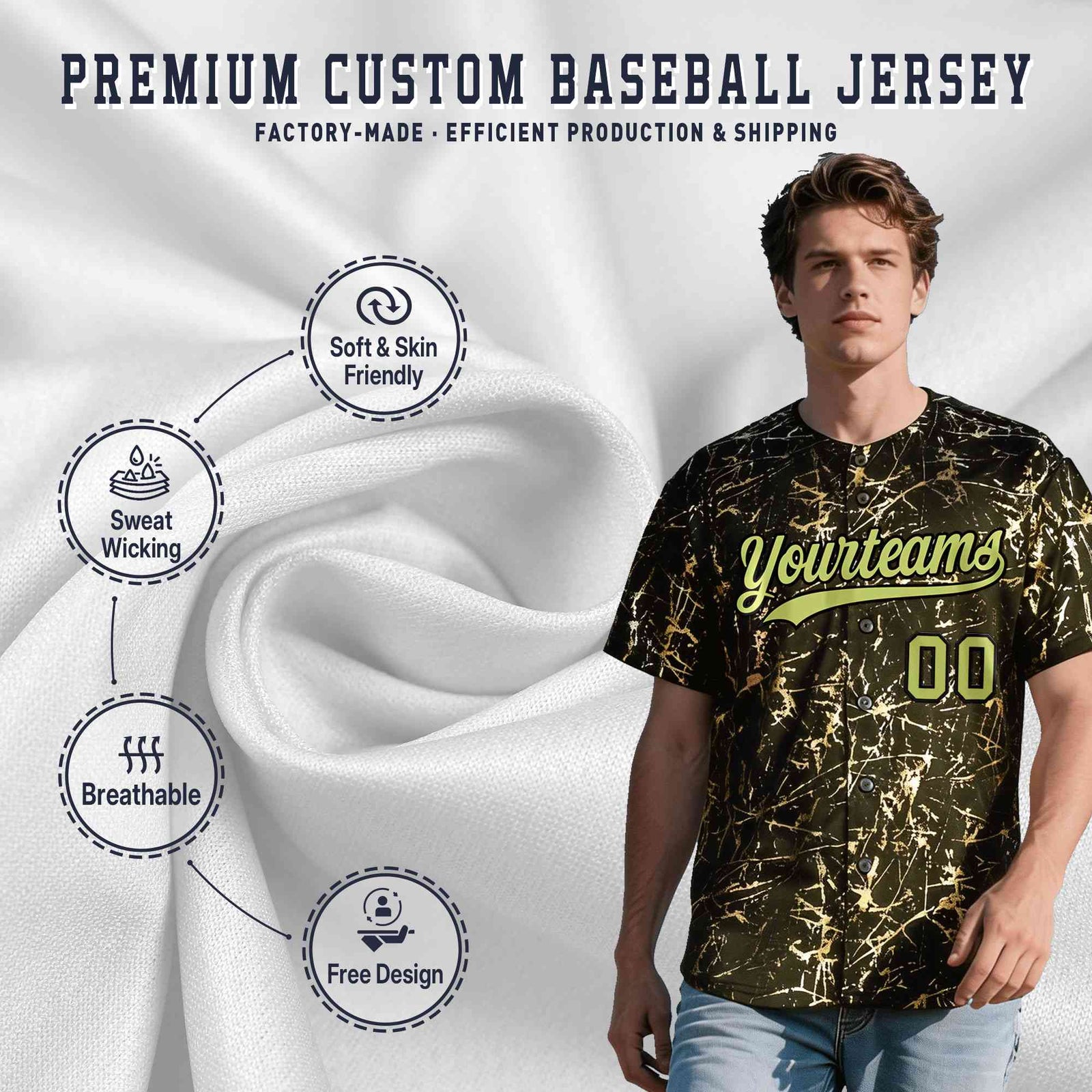 Custom Olive Champagne Black&Gold Marble Print Clubwear Party Streetwear Baseball Jersey