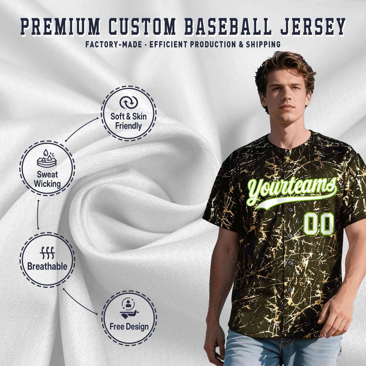 Custom Olive White Black&Shiny Gold Cracked Foil Breathable Mesh Streetwear Baseball Jersey