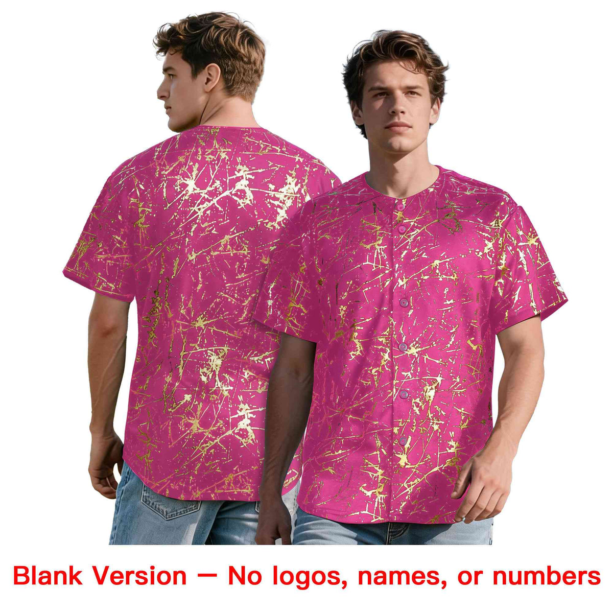 Custom Pink Old Gold Black&Shiny Gold Cracked Foil Hip Hop Button Down Baseball Jersey