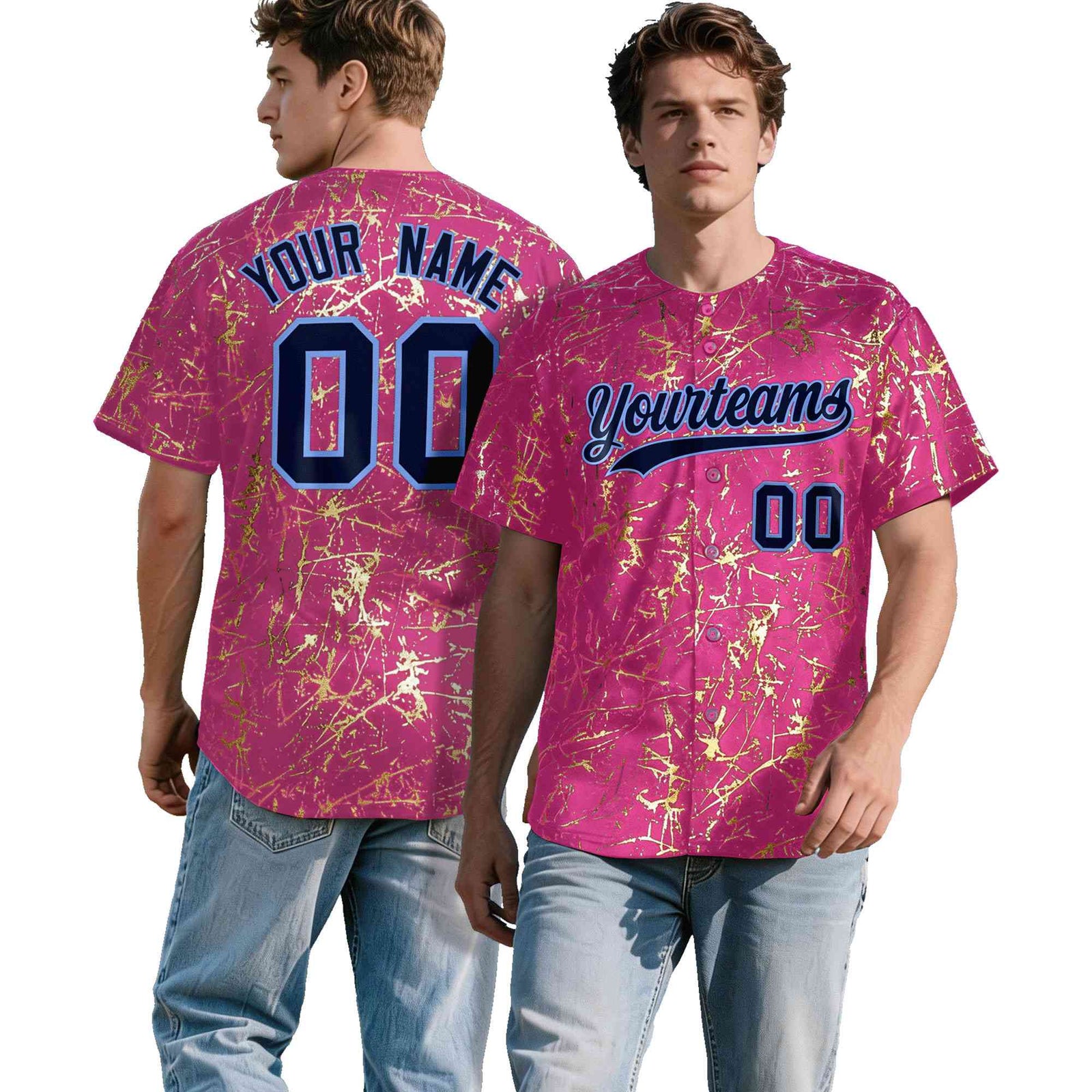Custom Pink Navy Metallic Gold Splatter Breathable&Wrinkle-Resistant Baseball Jersey