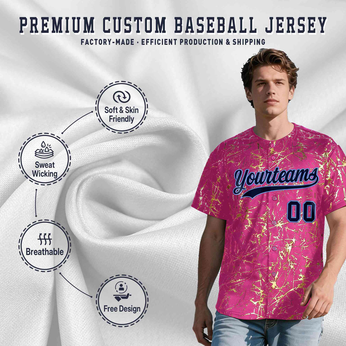 Custom Pink Navy Metallic Gold Splatter Breathable&Wrinkle-Resistant Baseball Jersey