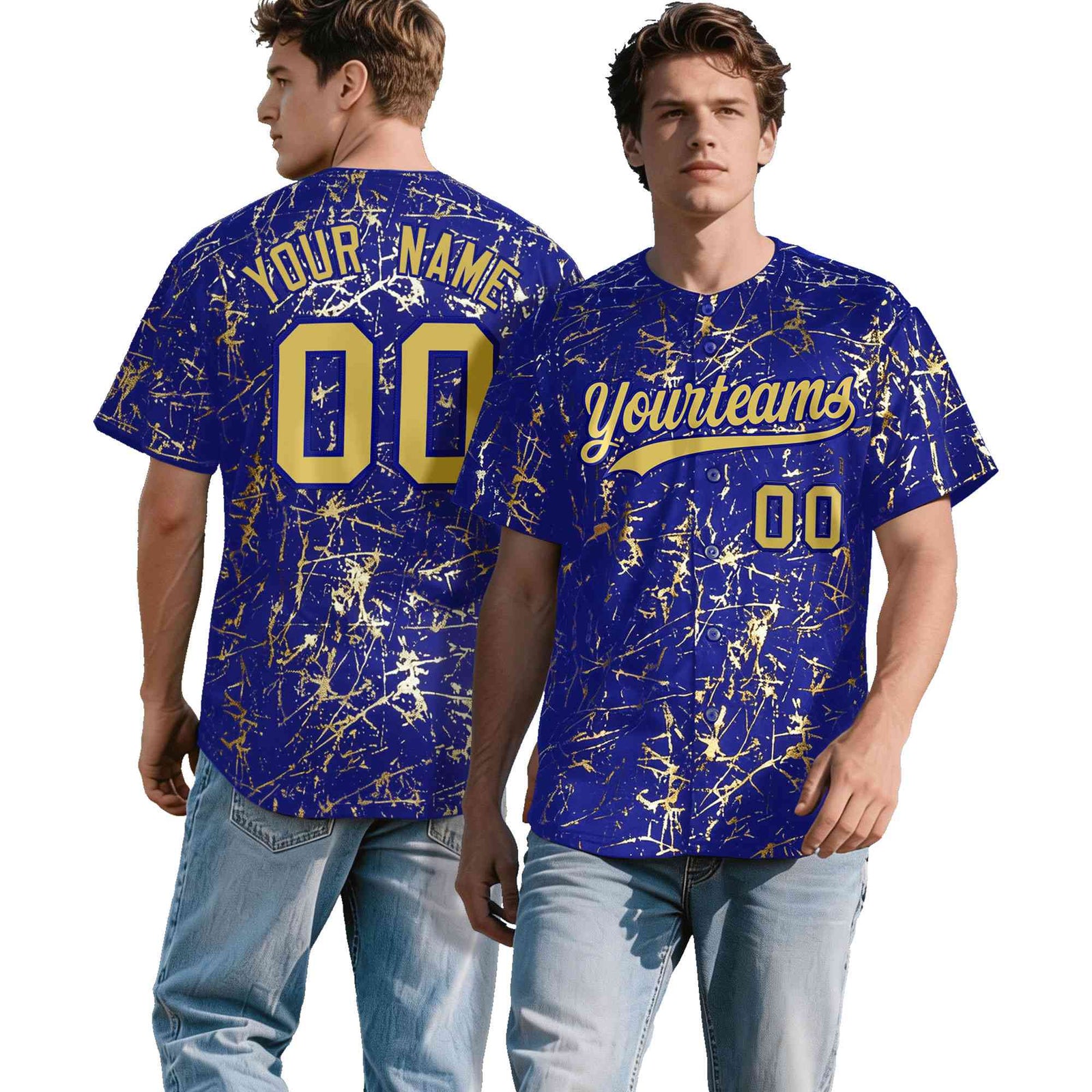 Custom Royal Old Gold Black&Shiny Gold Cracked Foil Hip Hop Button Down Baseball Jersey